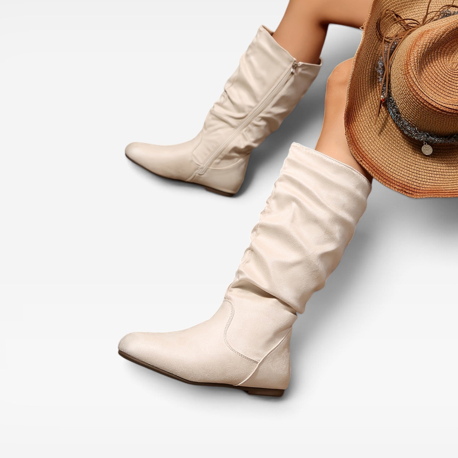 Mid Calf Slouch Boots, Hidden Wedge Sole and Side Zip