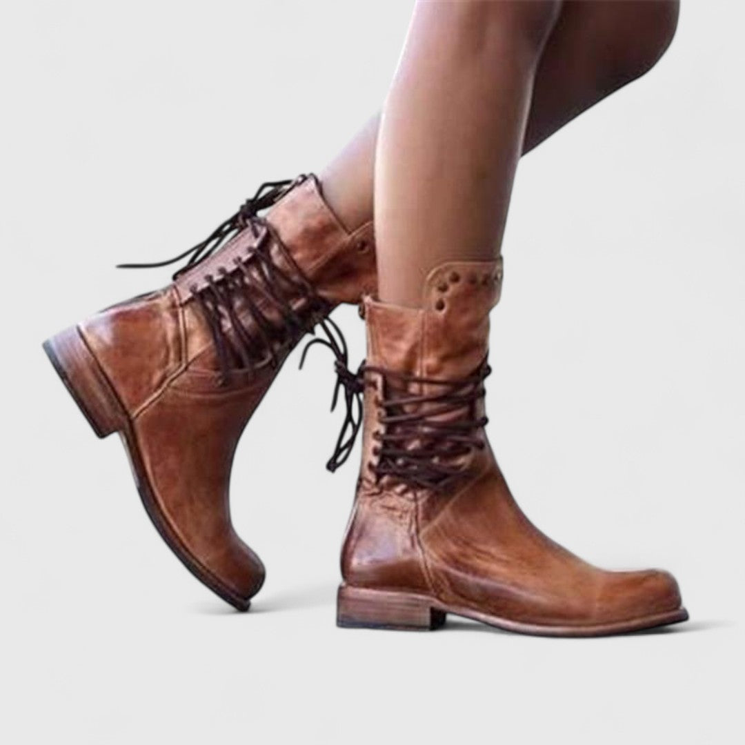 Studded Lace-Up Mid Calf Boots, Low Block Heel Leather