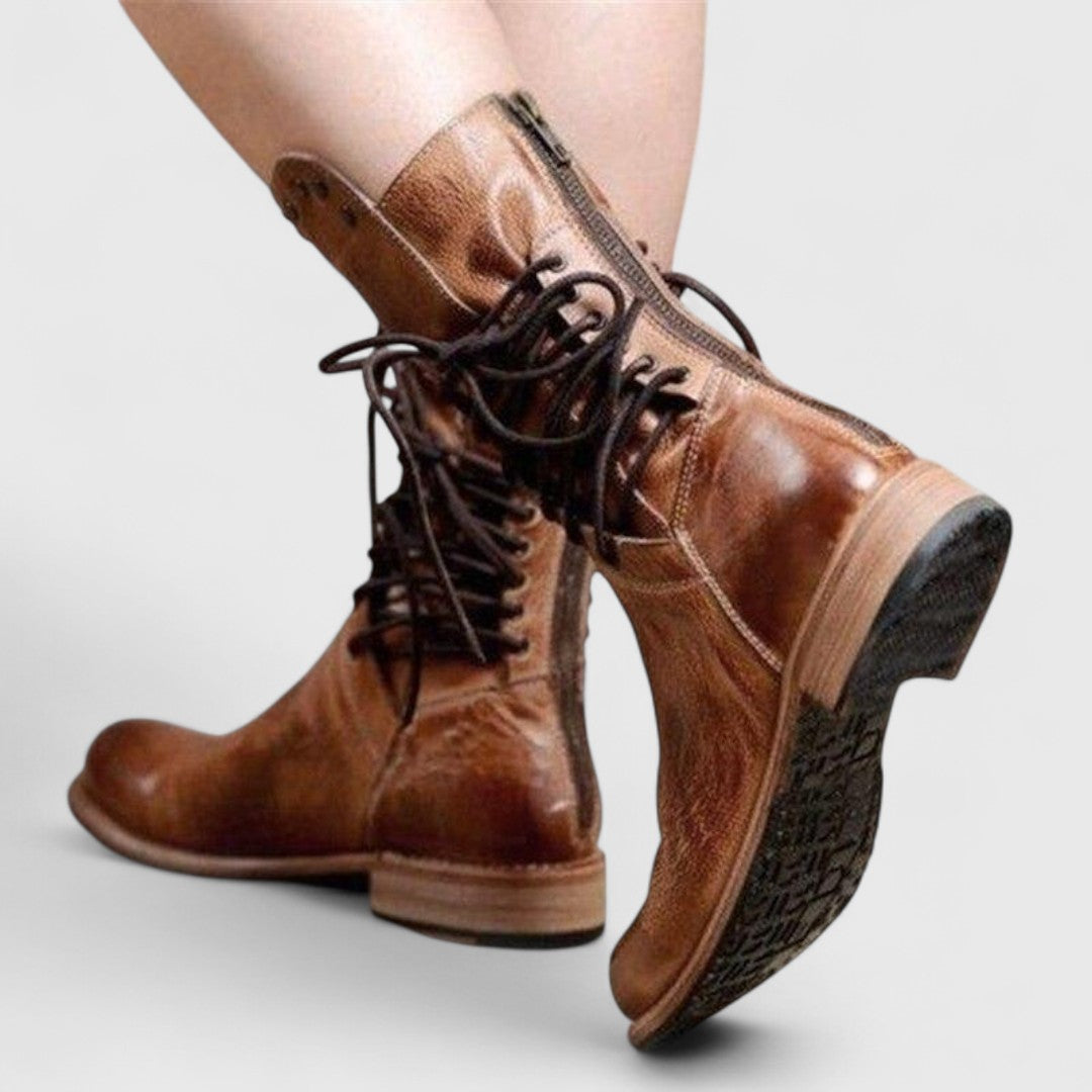 Studded Lace-Up Mid Calf Boots, Low Block Heel Leather