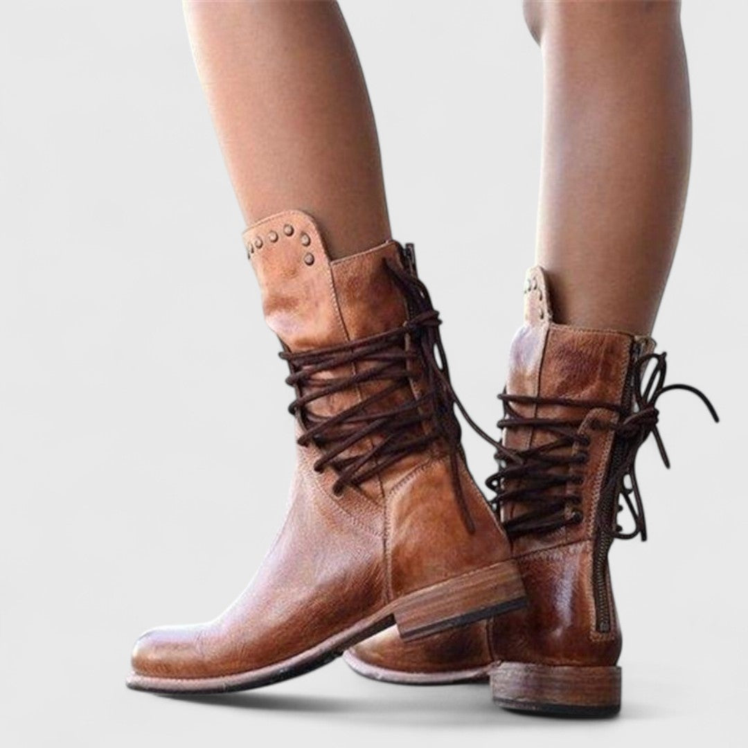 Studded Lace-Up Mid Calf Boots, Low Block Heel Leather