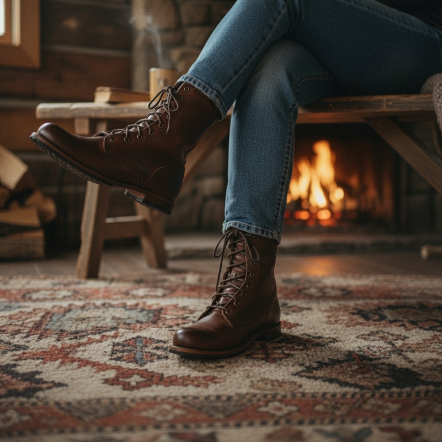 Leather Look Lace-Up Combat Boots, Low Block Rubber Sole