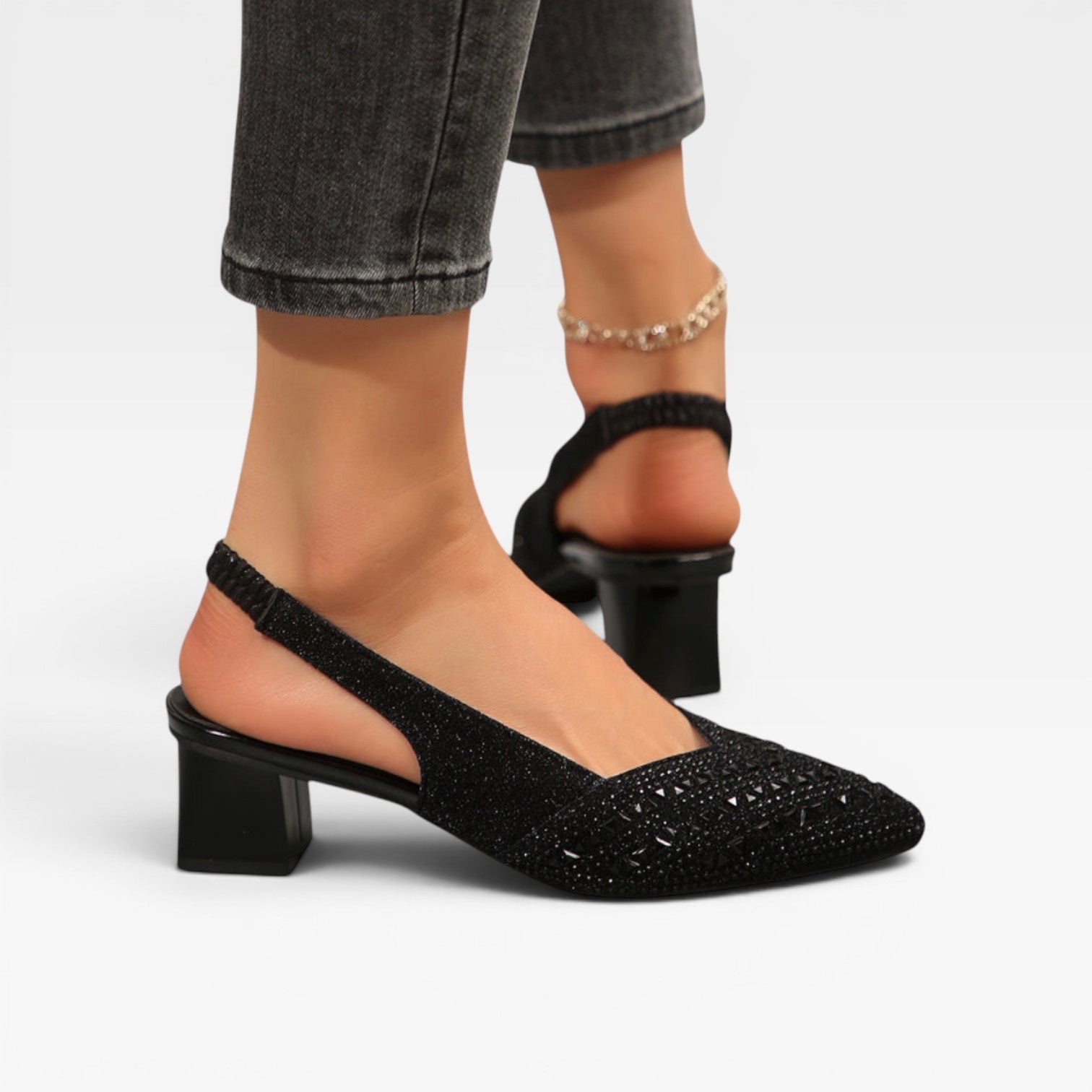 Rhinestone Block Heel Slingbacks, Crystal Wedding Shoe
