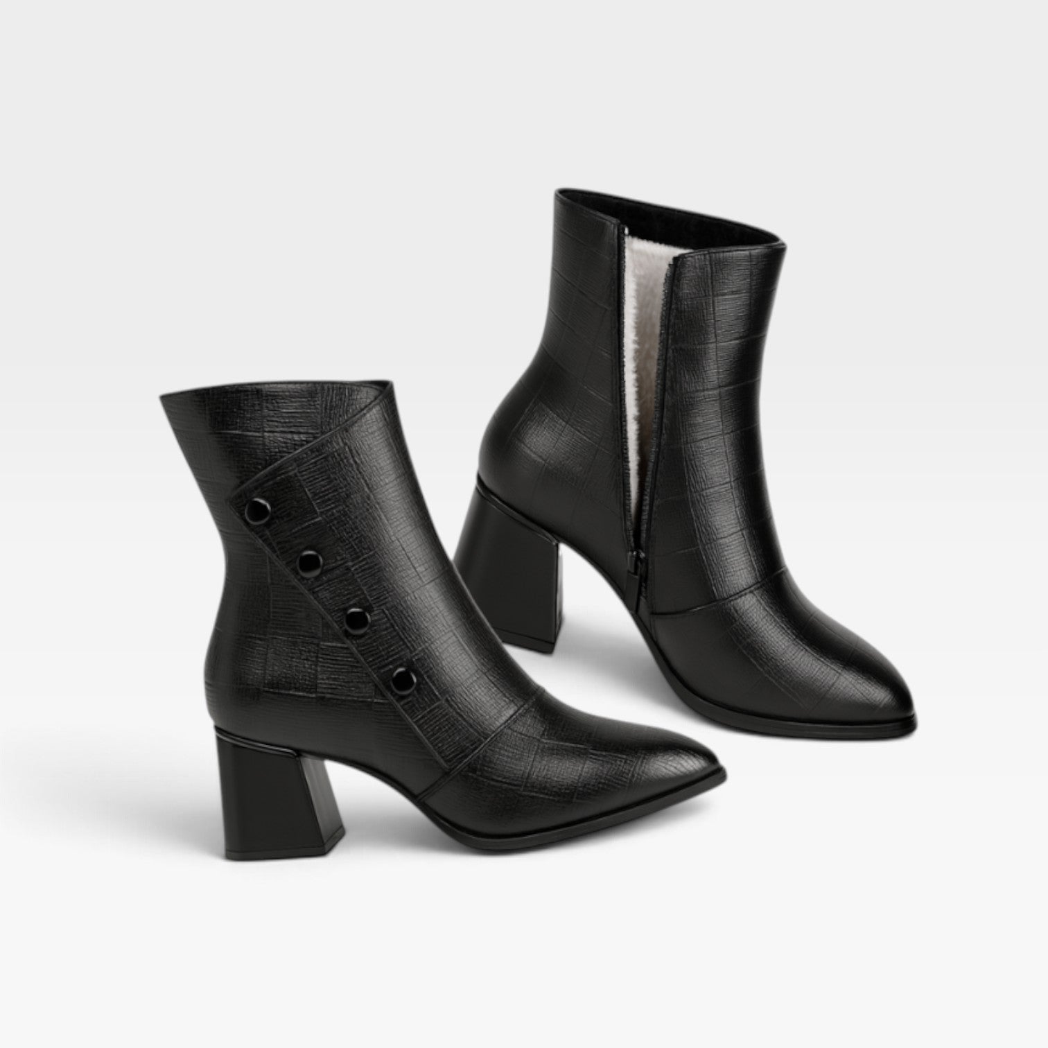 Pointed Toe Ankle Boots, Embossed Leather Look Side Zip