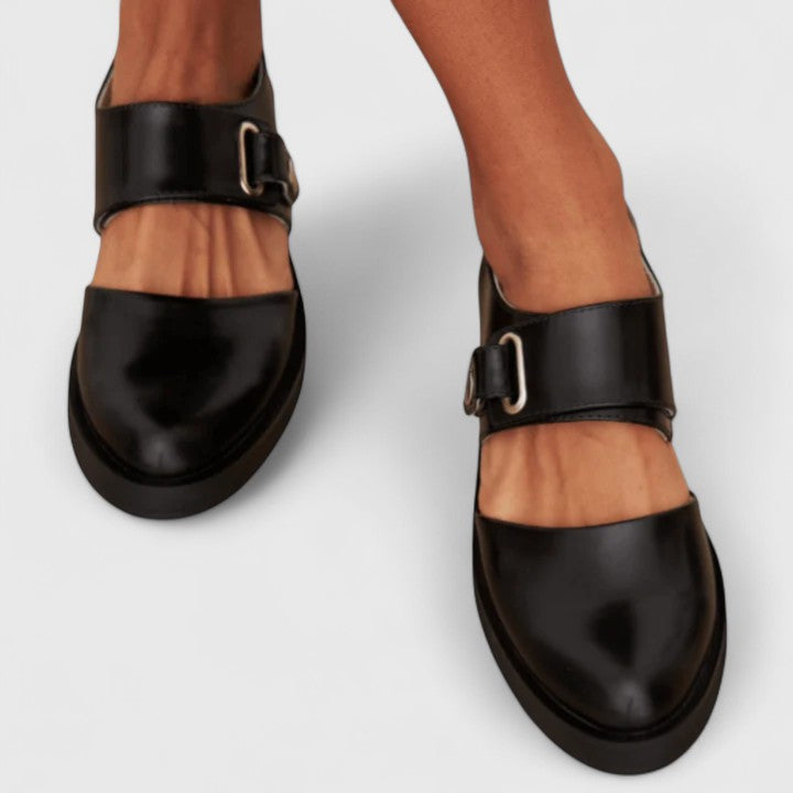 Leather Mary Jane Flats, Buckle Strap Low Block Heel