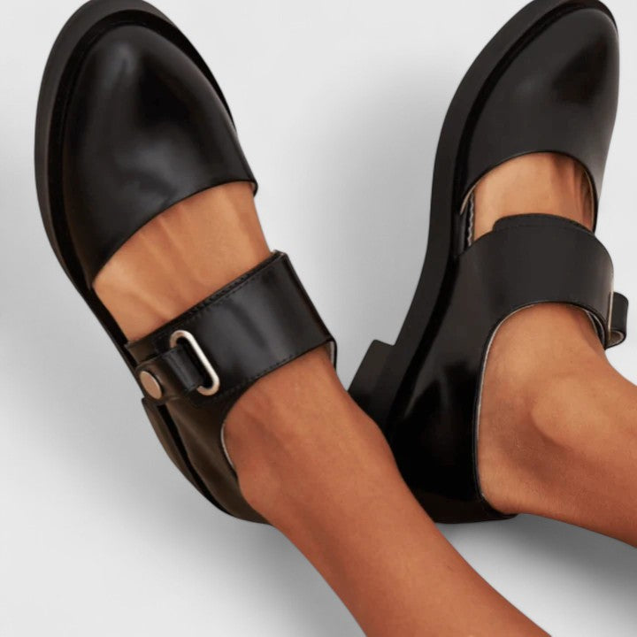 Leather Mary Jane Flats, Buckle Strap Low Block Heel