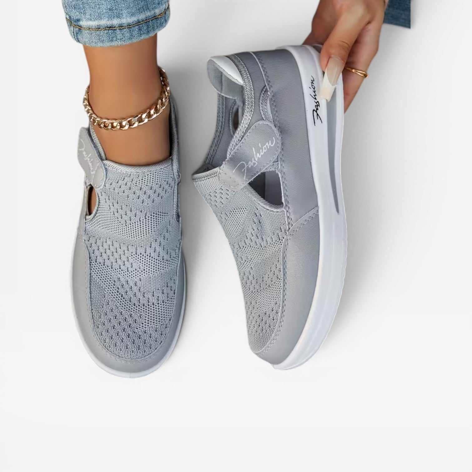 Velcro Strap Platform Trainers, Cutout Mesh Walk Shoes