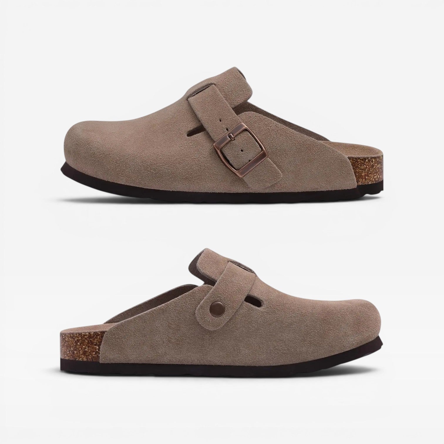 Suede Cork Clogs, Closed Toe Slip On Buckle Strap Mules