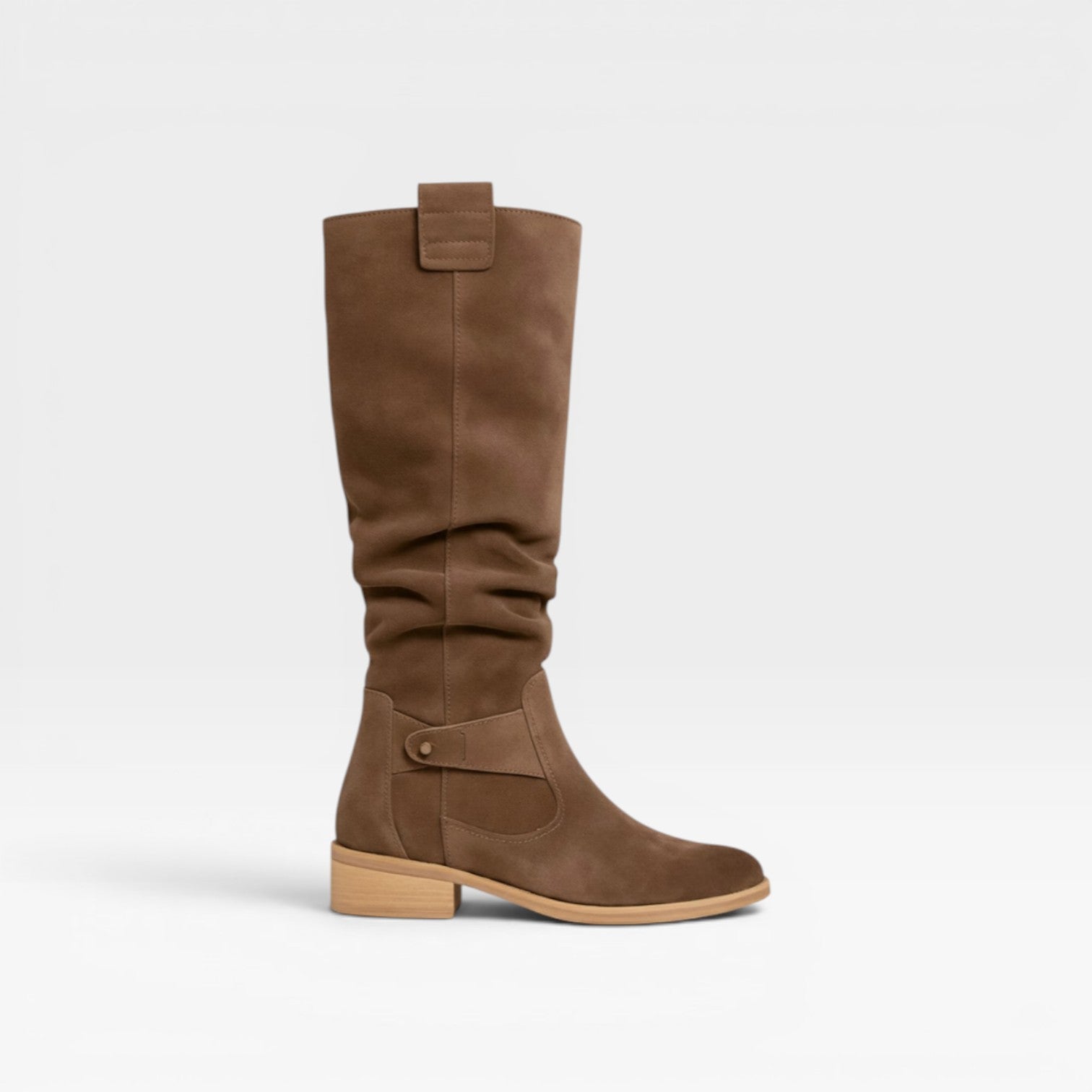 Slouchy Suede Knee High Boots, Buckle Low Block Heel