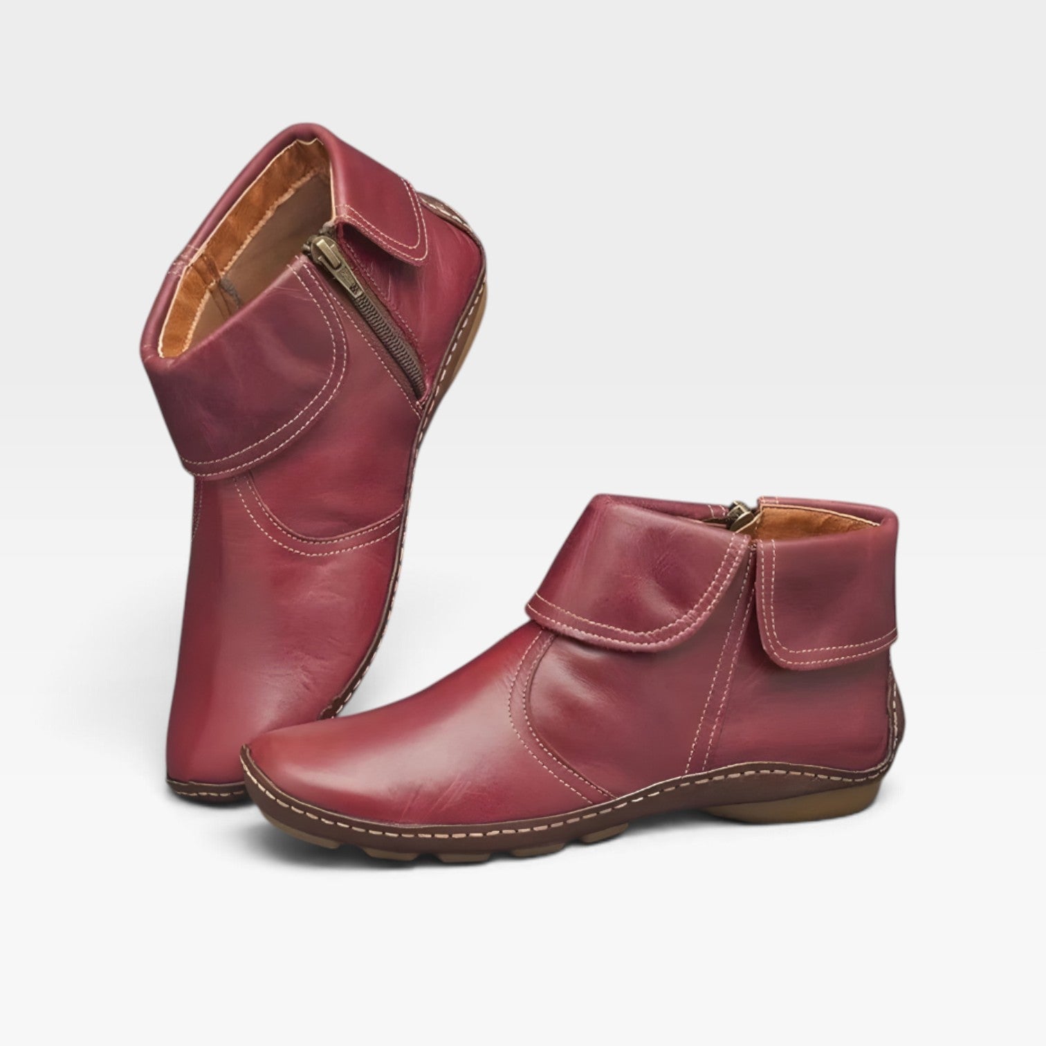 Fold Over Cuff Ankle Boots, Leather Moc Toe Low Wedge