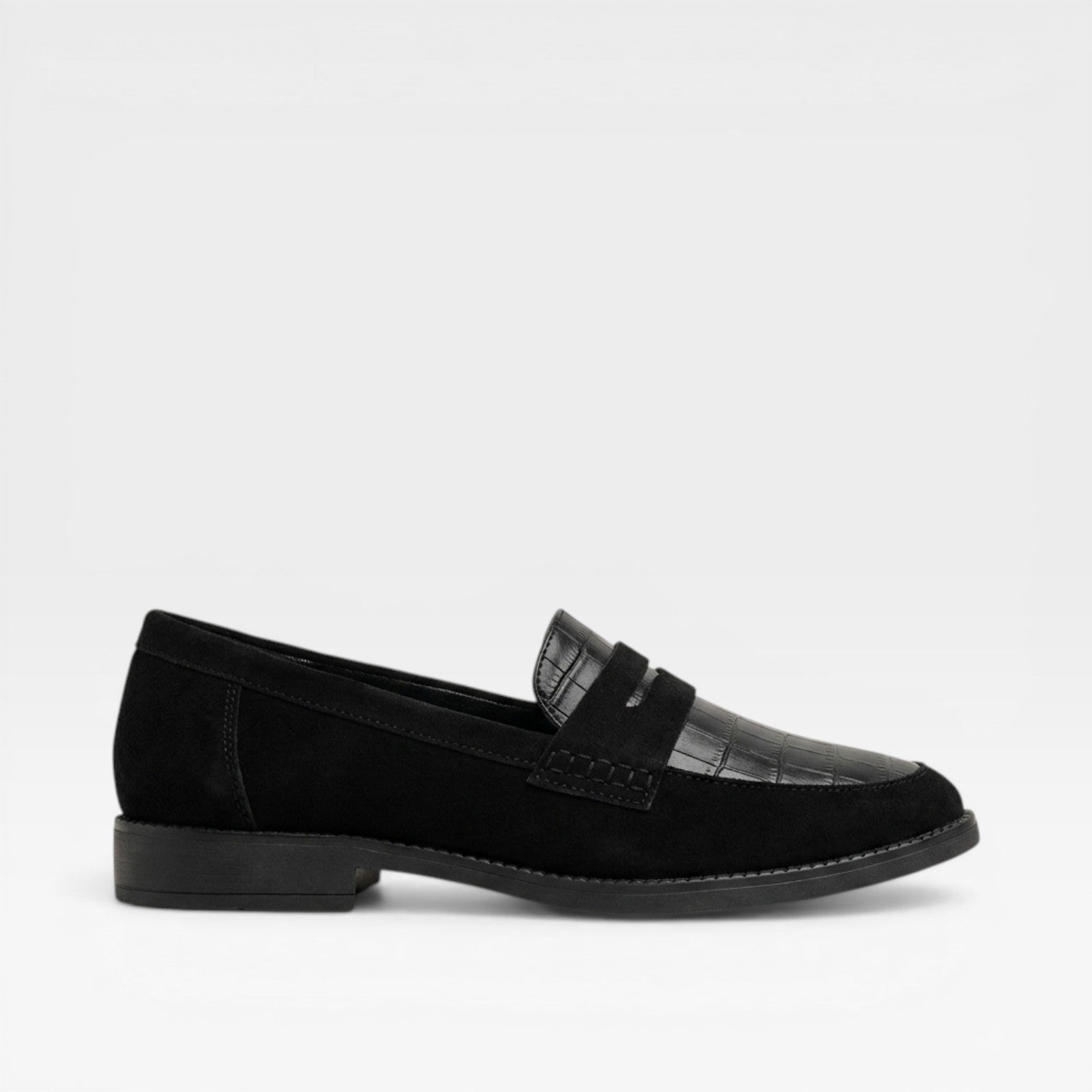 Croc Print Loafers, Black Textured Flat Slip-On Shoe