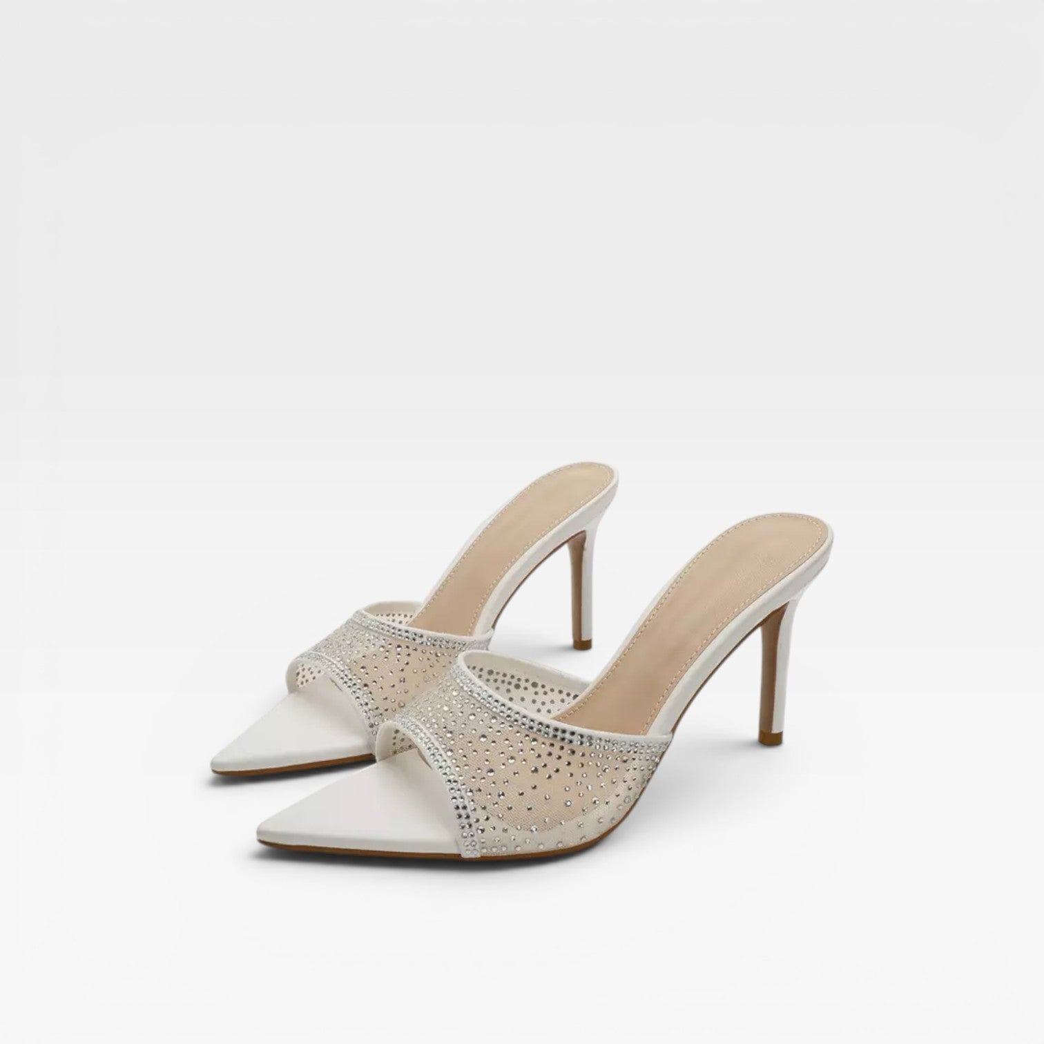 Crystal Suede Mule Heels, Pointed Toe Slim Stiletto