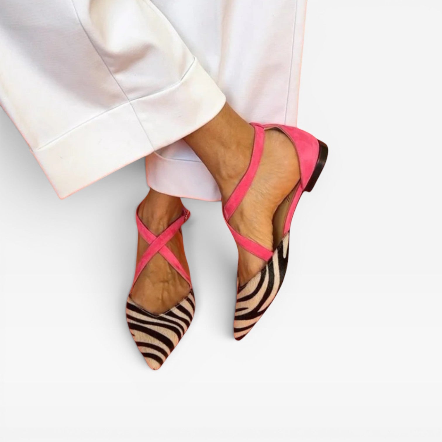 Zebra Print Ballet Flats, Crisscross Strap Pointed Toe