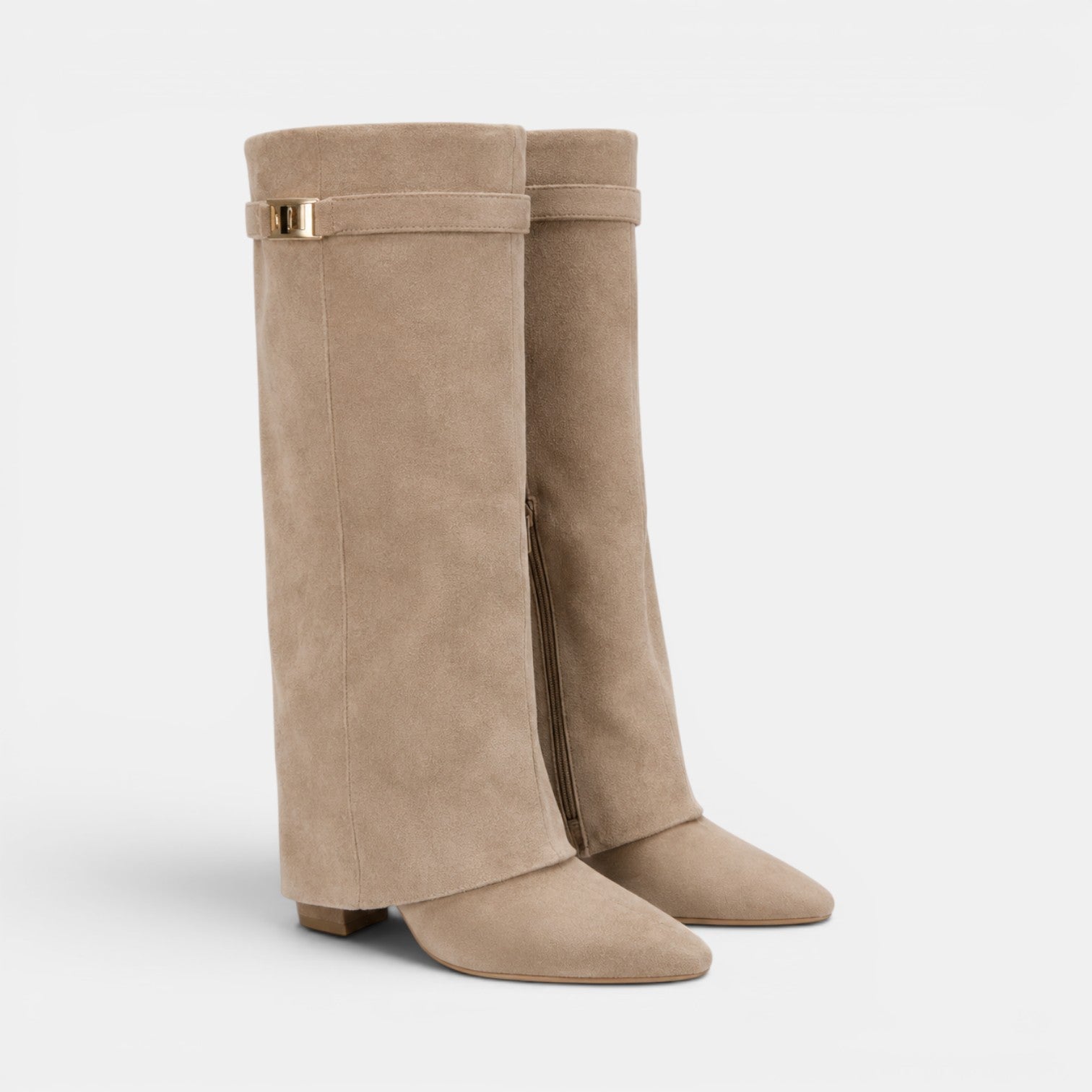 Fold Over Knee High Boots, Pointed Toe Suede Block Heel