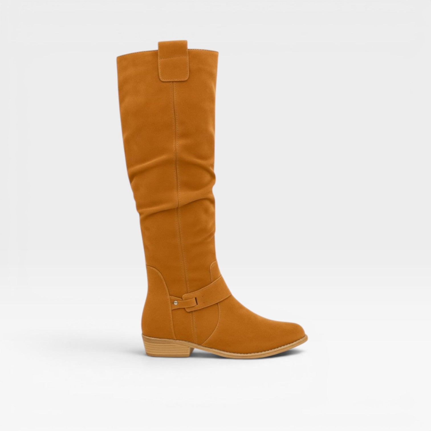 Slouchy Suede Knee High Boots, Buckle Low Block Heel
