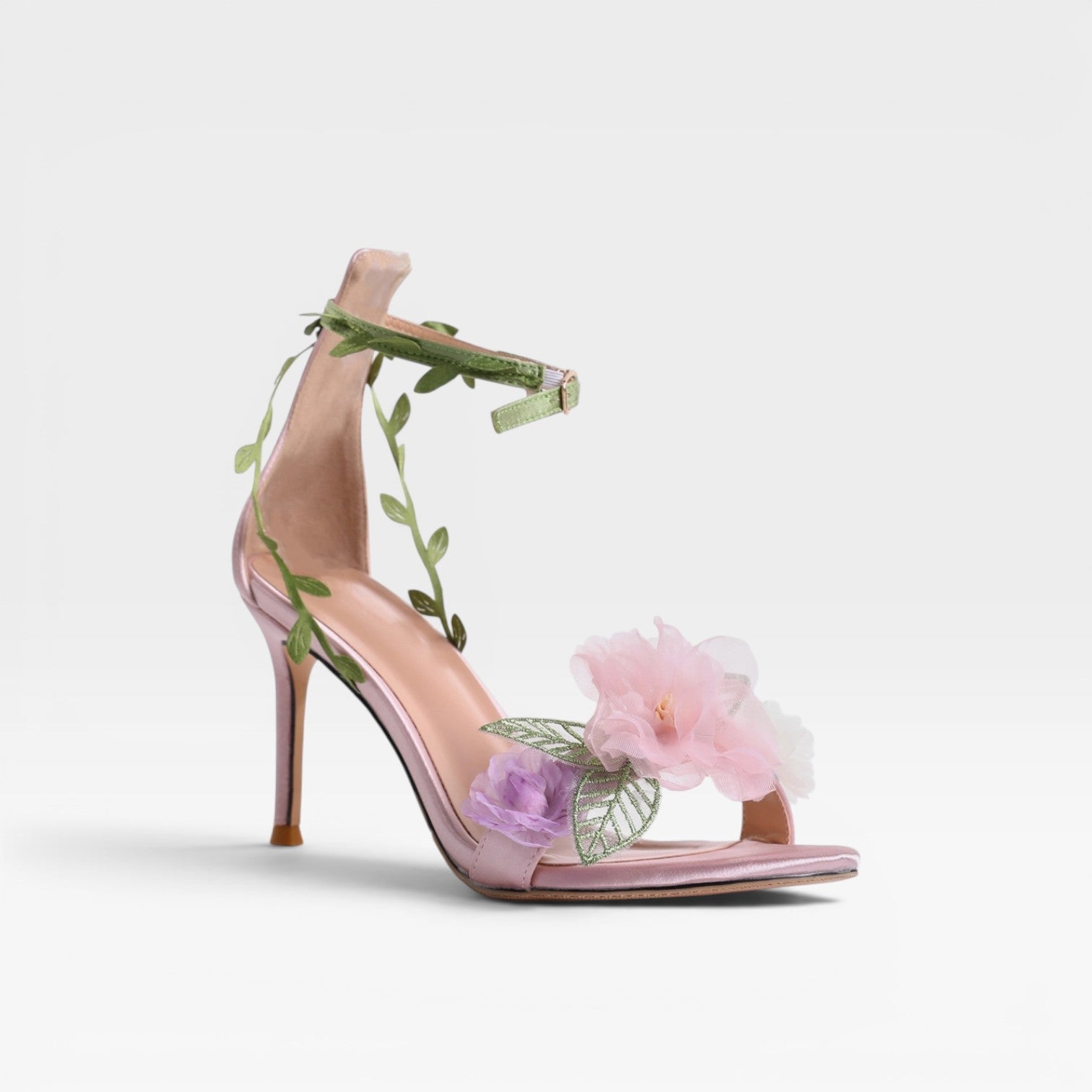Crystal Flower Stiletto Sandals, Sheepskin Ankle Wrap