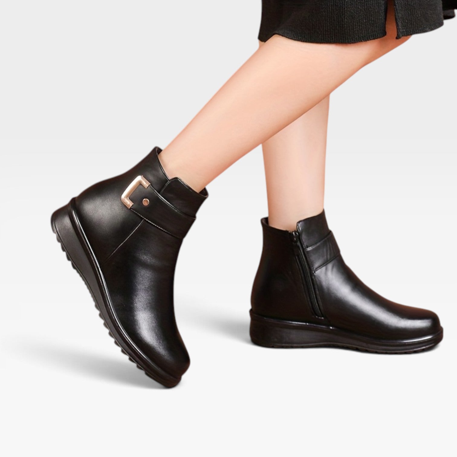 Wedge Ankle Boots, Buckle Strap Side Zip Cushioned Sole