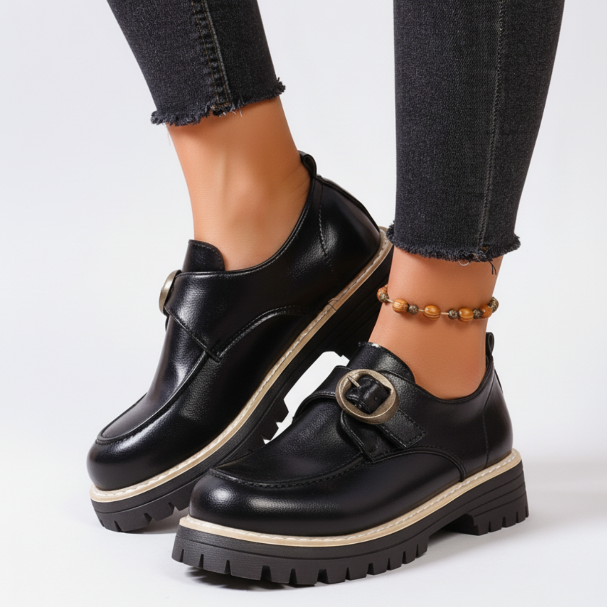 Monk Strap Leather Loafers, Chunky Lugged Buckle Shoes