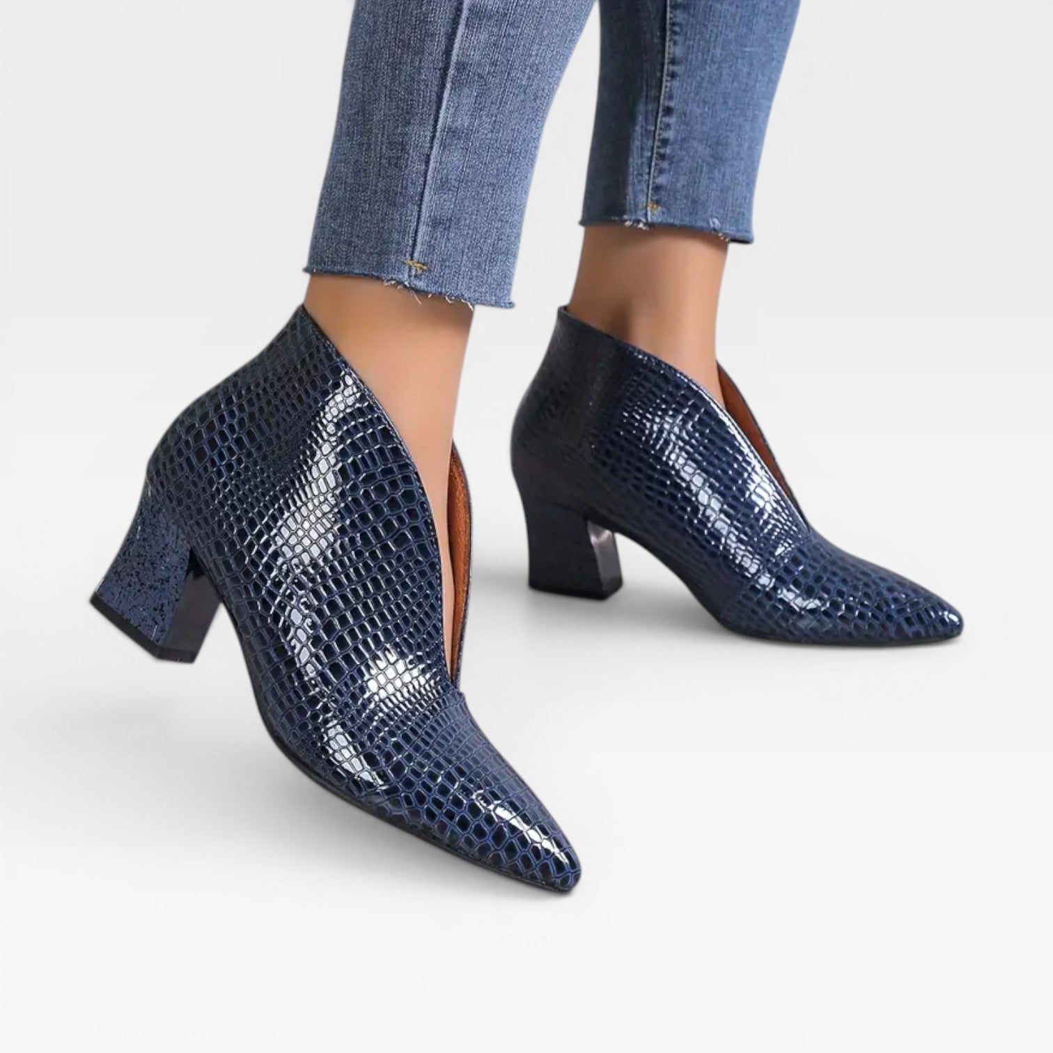 Croc Effect Ankle Boots, Pointed Toe Heeled Booties