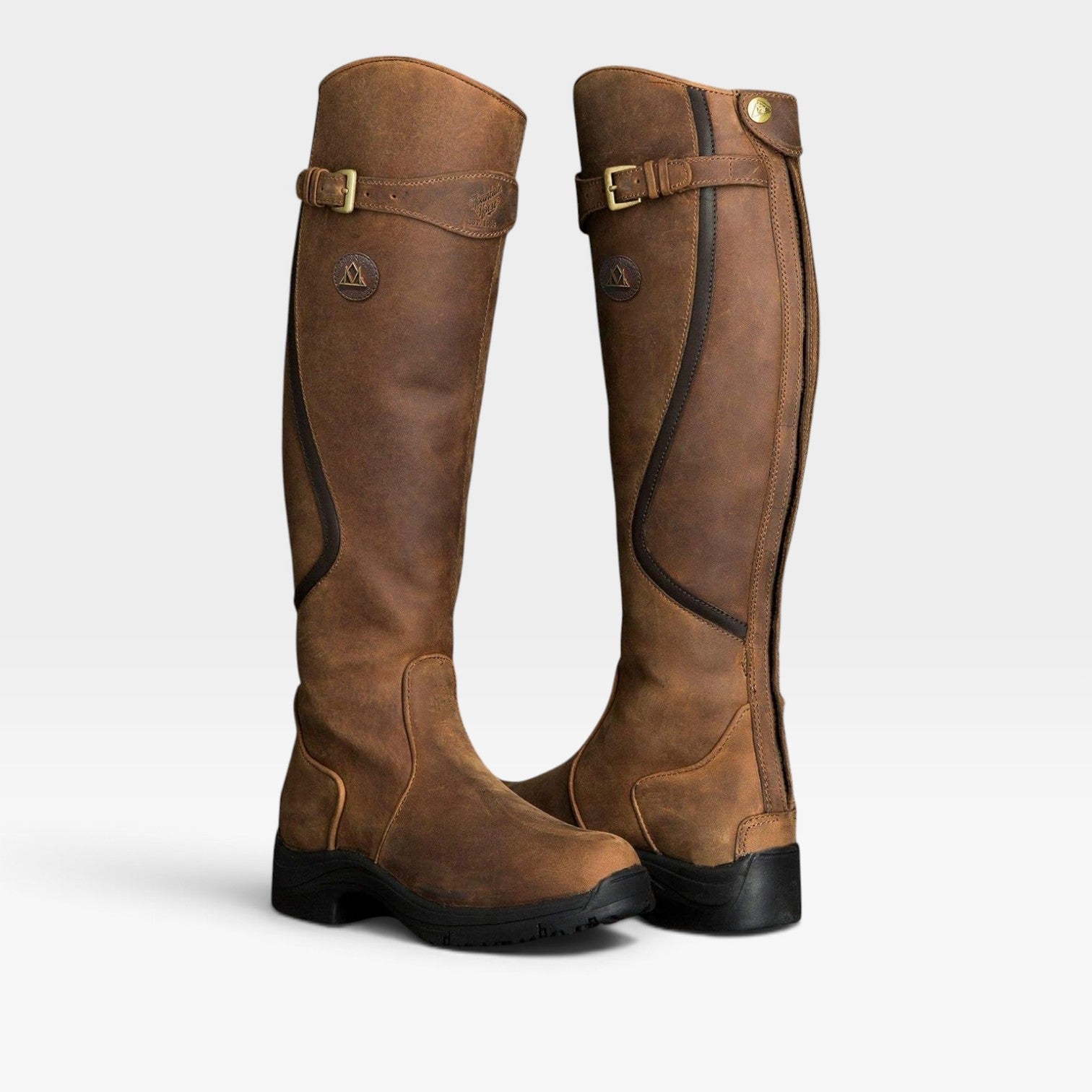 Waterproof Leather Riding Boots, Buckle Strap Tall Shaft