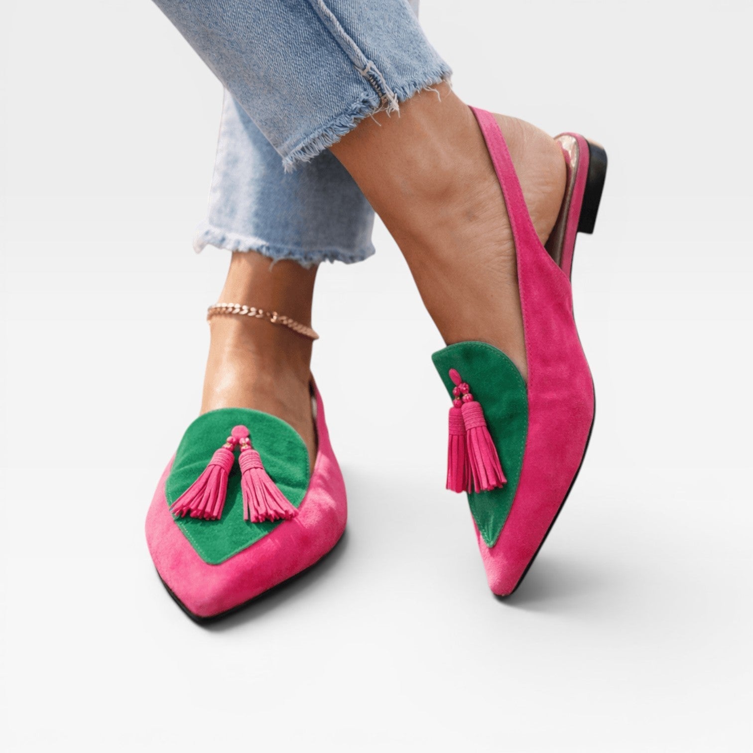 Color Block Slingback Flats, Suede Tassel Pointed Toe