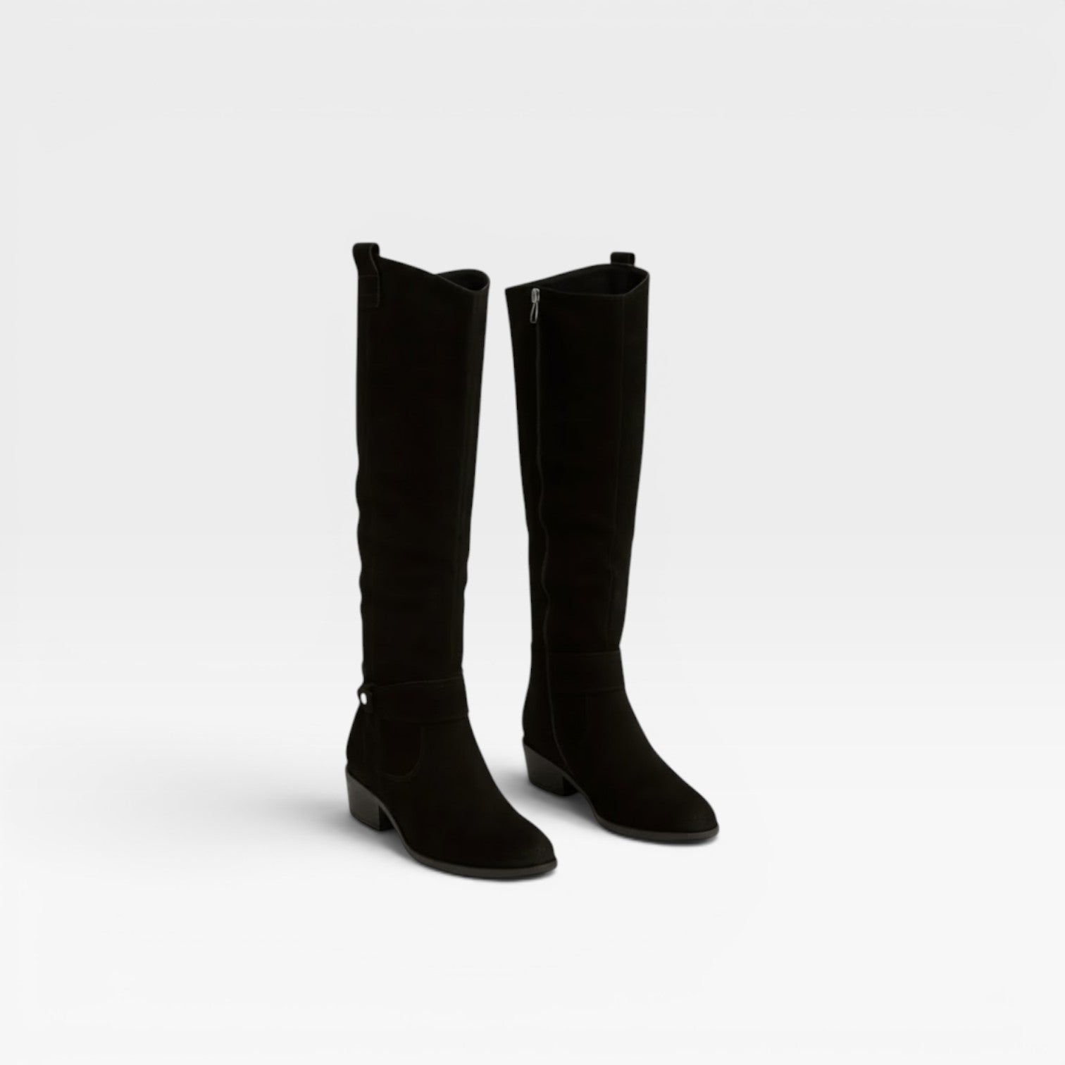 Slouchy Suede Knee High Boots, Buckle Low Block Heel