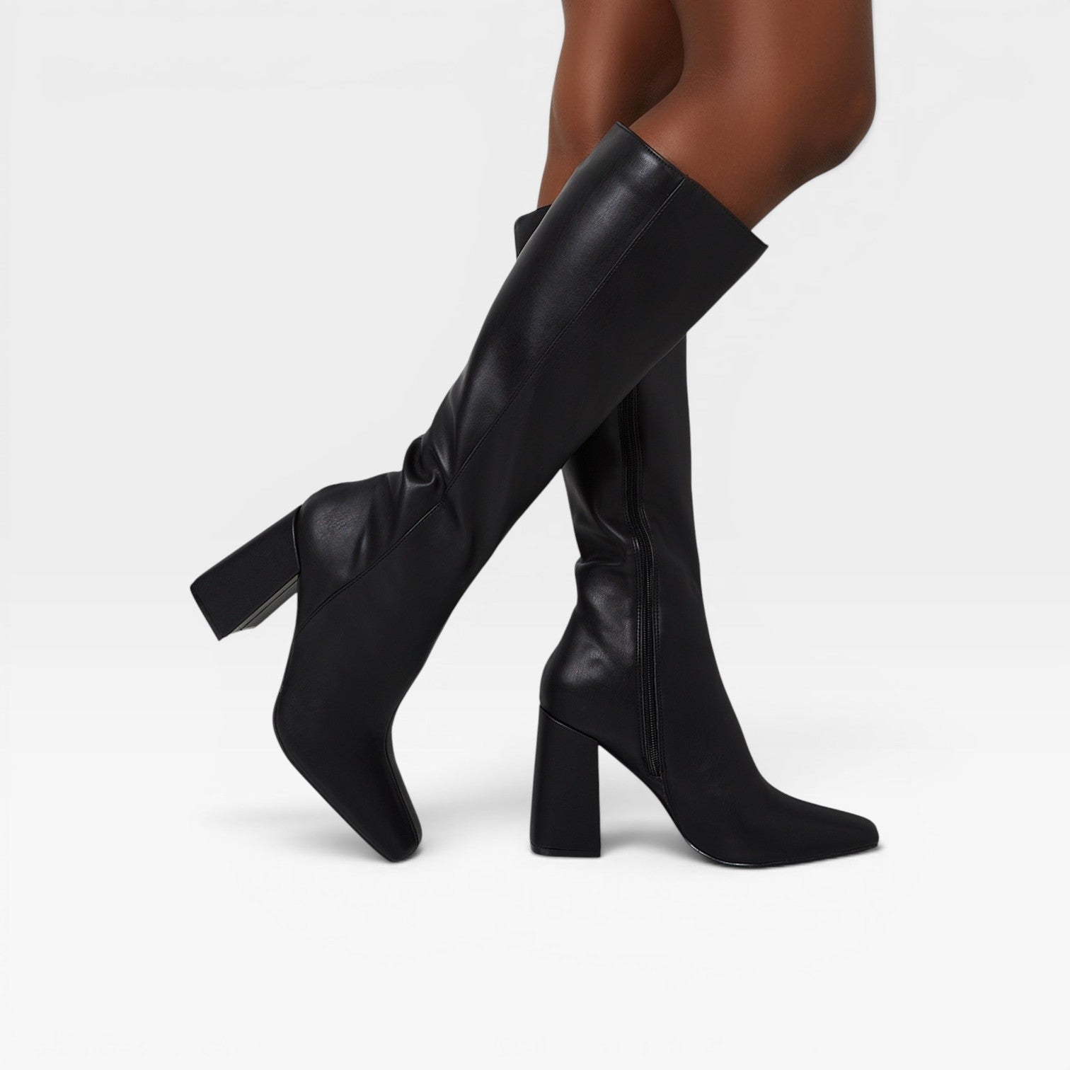 Knee High Block Heel Boots, Square Toe Inner Zip Up