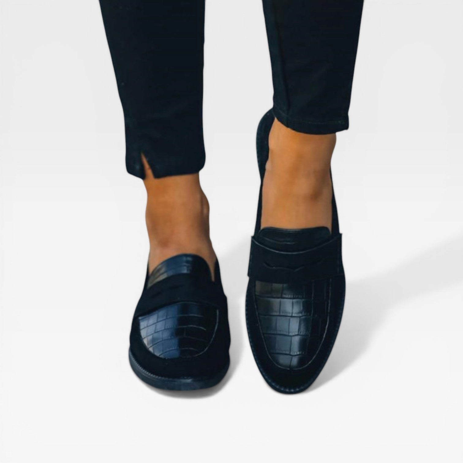 Croc Print Loafers, Black Textured Flat Slip-On Shoe