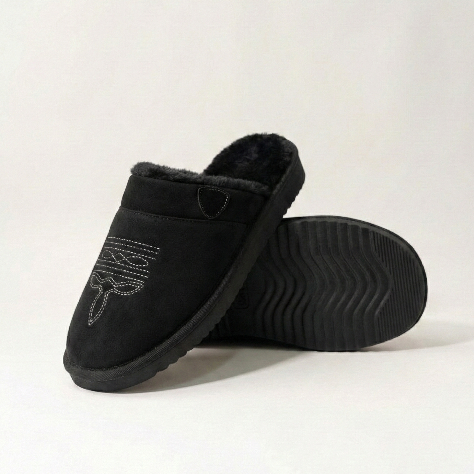 Suede Look Cowboy Slippers, Faux Fur Lined Slip On Mule