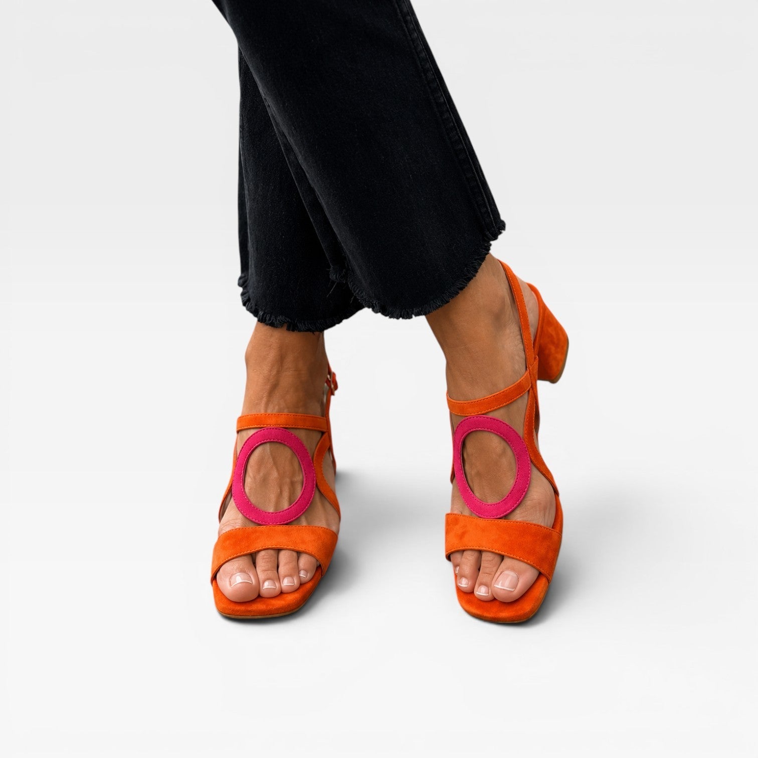 Suede Block Heel Sandals, Circle Cutout Ankle Strap