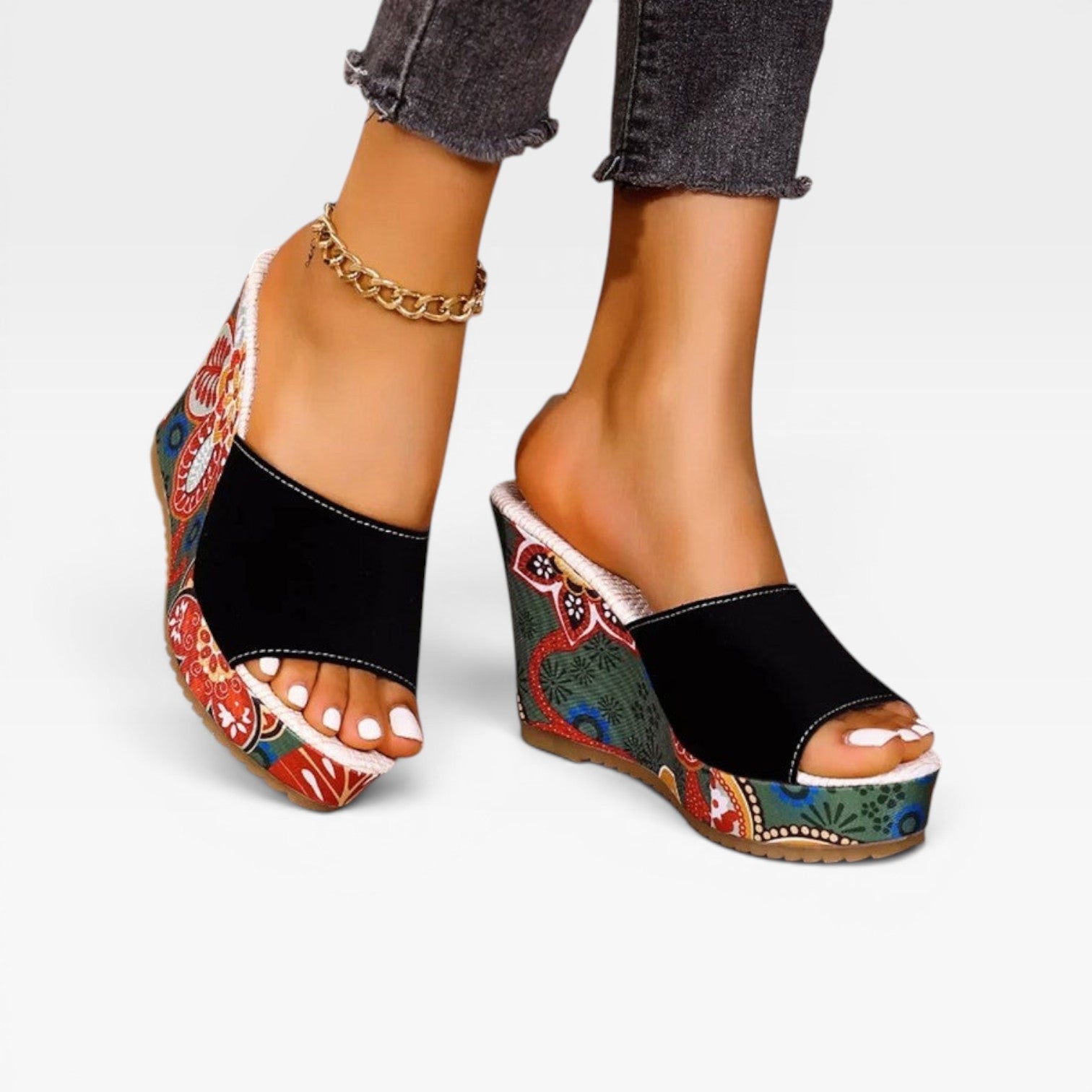 Wedge Platform Sandals, Handcrafted Print Slip On Mule