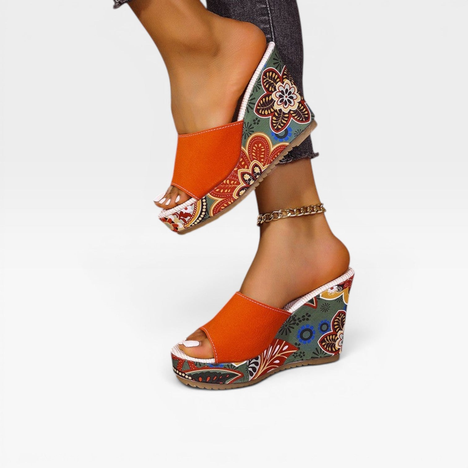 Wedge Platform Sandals, Handcrafted Print Slip On Mule
