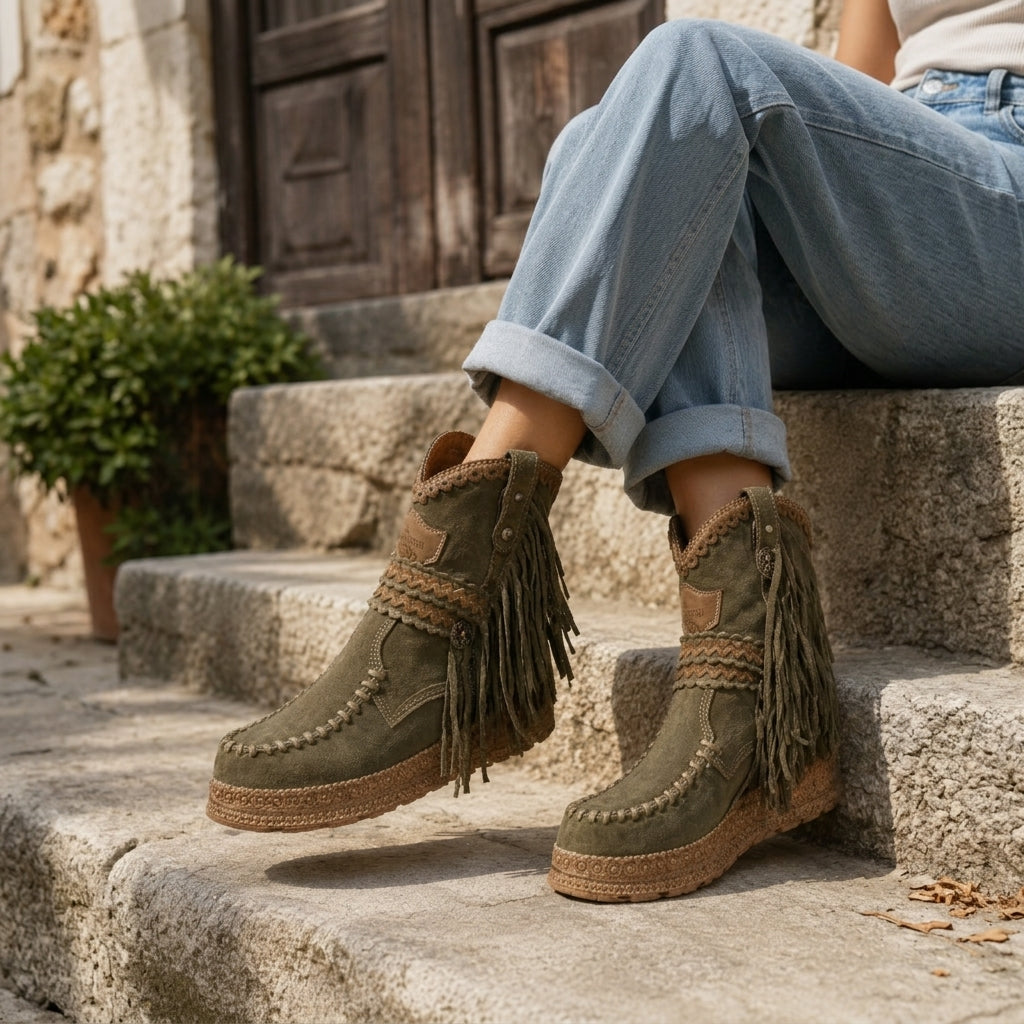 Suede Fringe Ankle Boots, Cushioned Insole Boho Style