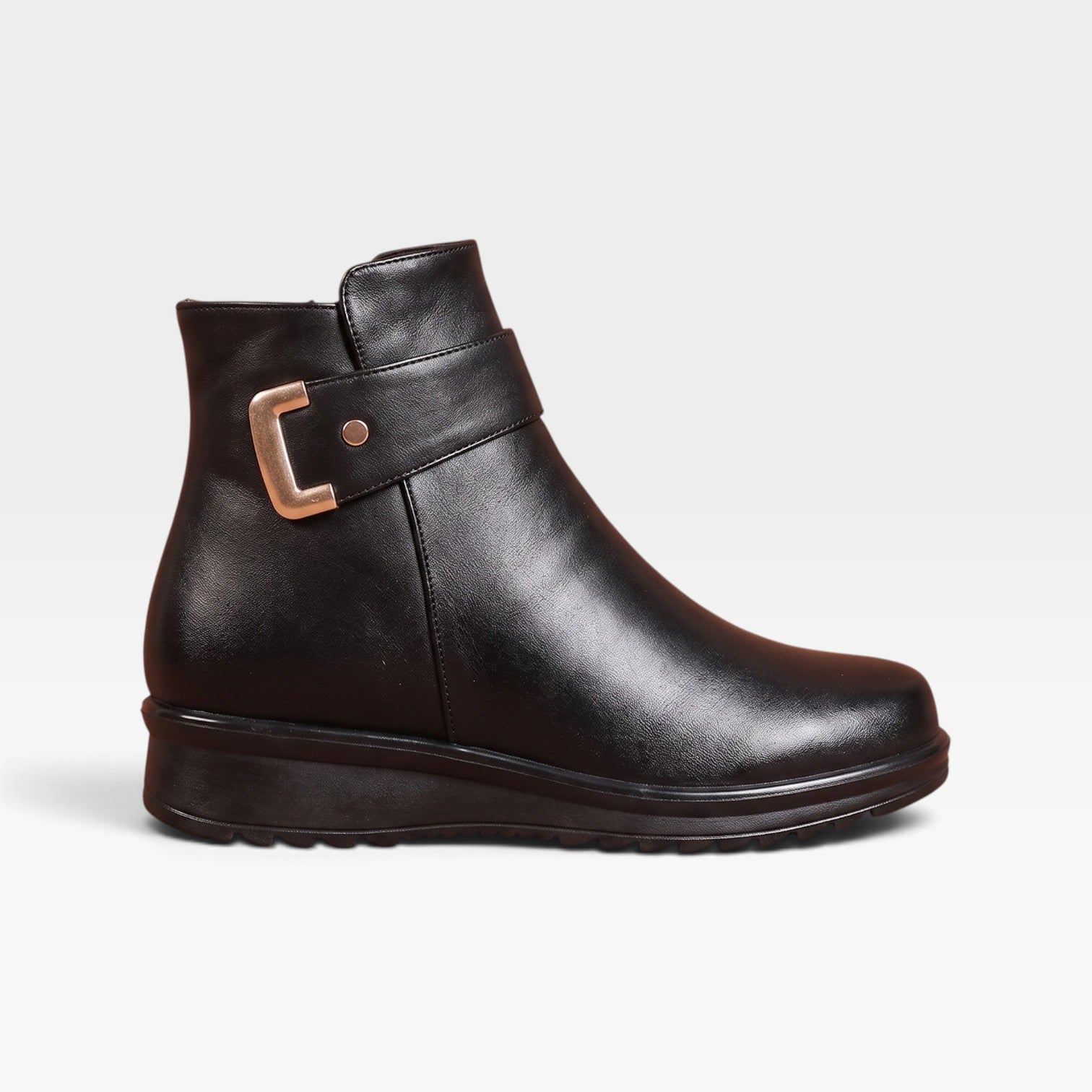 Wedge Ankle Boots, Buckle Strap Side Zip Cushioned Sole
