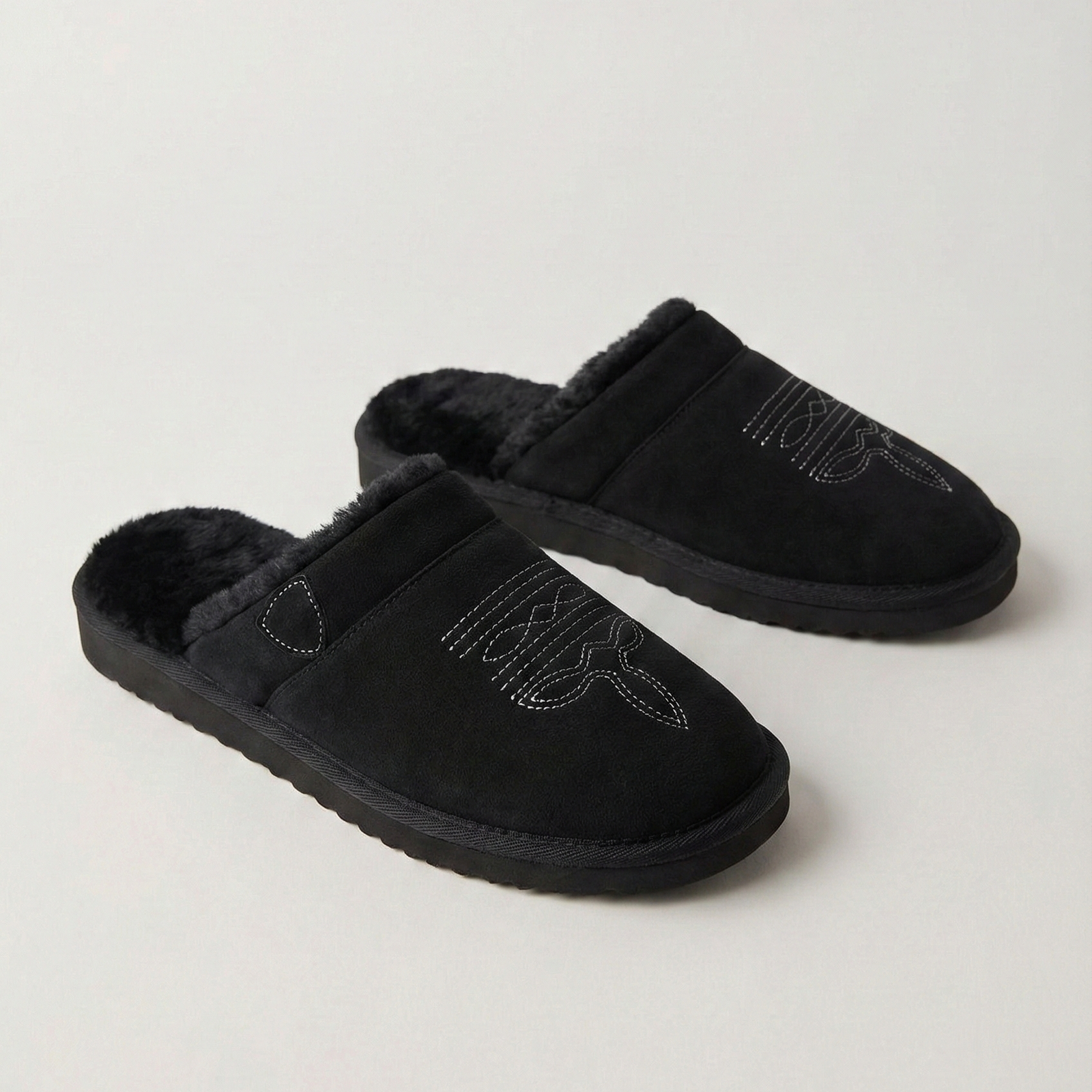 Suede Look Cowboy Slippers, Faux Fur Lined Slip On Mule