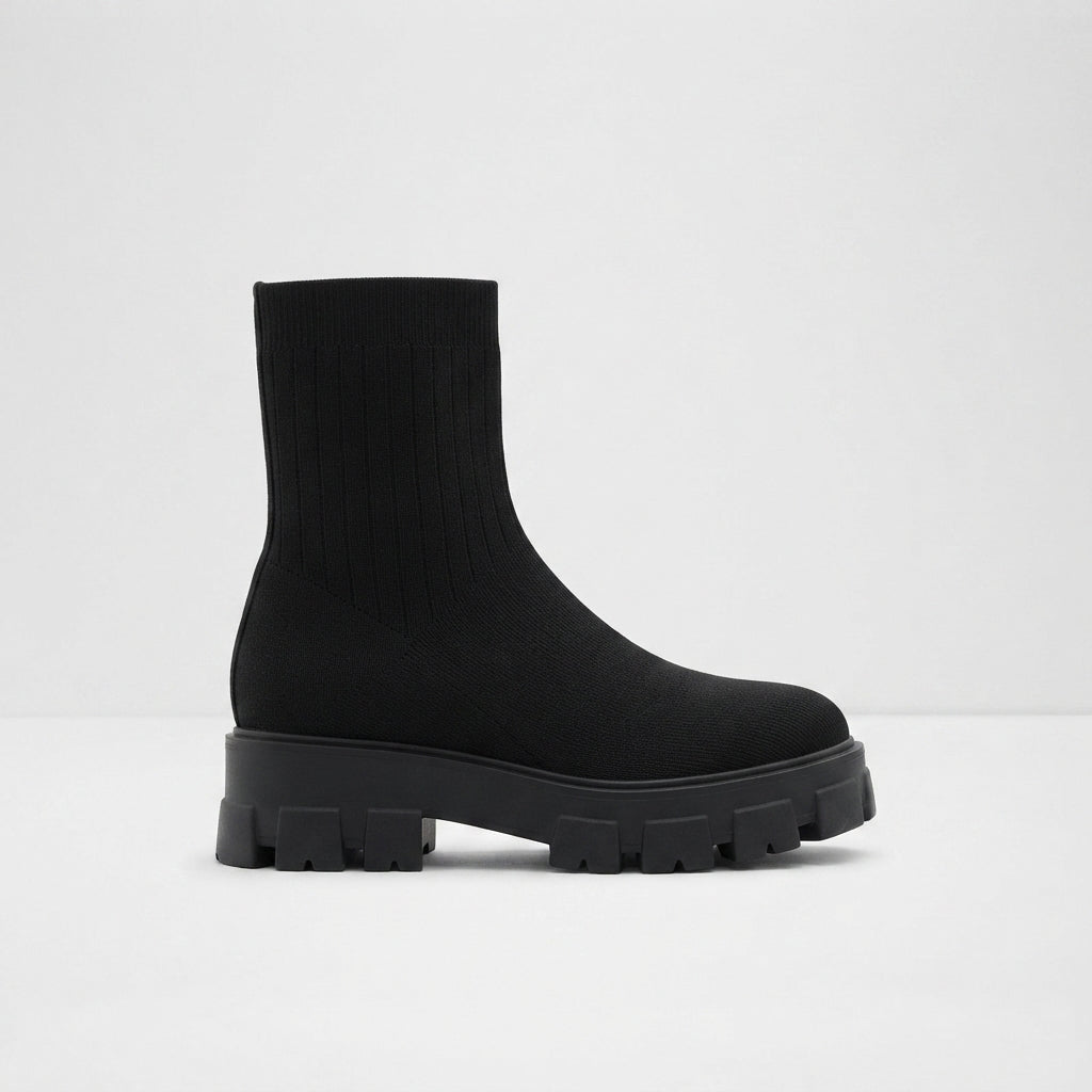 Stretch Knit Sock Ankle Boots, Slip On Heeled Booties