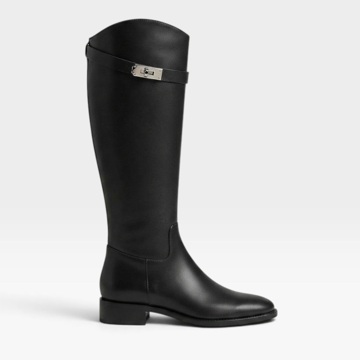 Leather Knee High Boots, Sculptural Buckle Block Heel