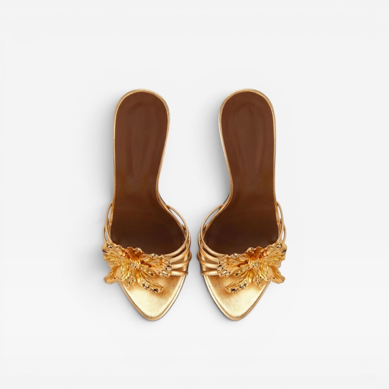 Sculpted Flower Mule Heels, Metallic Pointed Toe Shoes