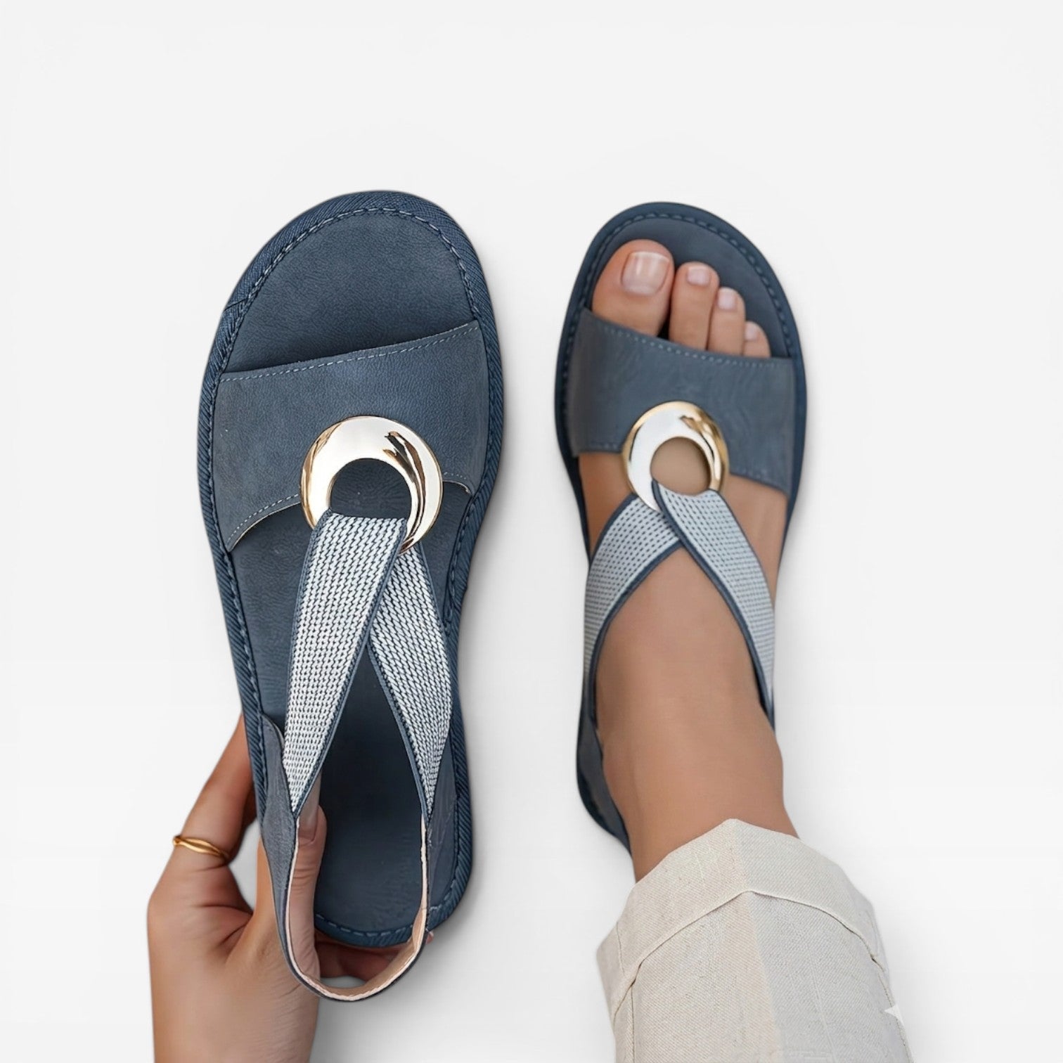 Toe Loop Flat Sandals, Gold Ring Slingback Comfort Sole