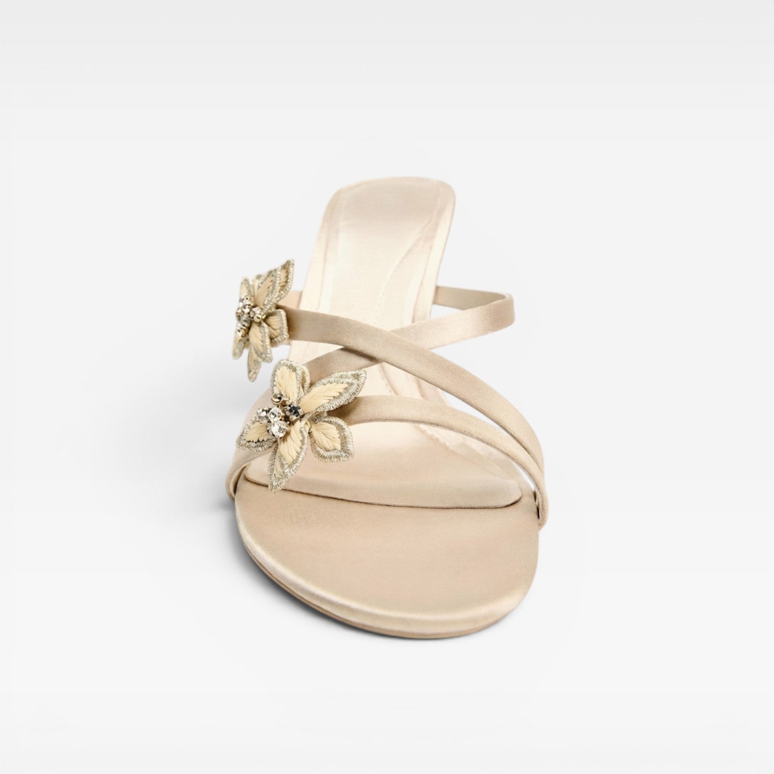 Crystal Flower Mule Sandals, Strappy Satin Stiletto