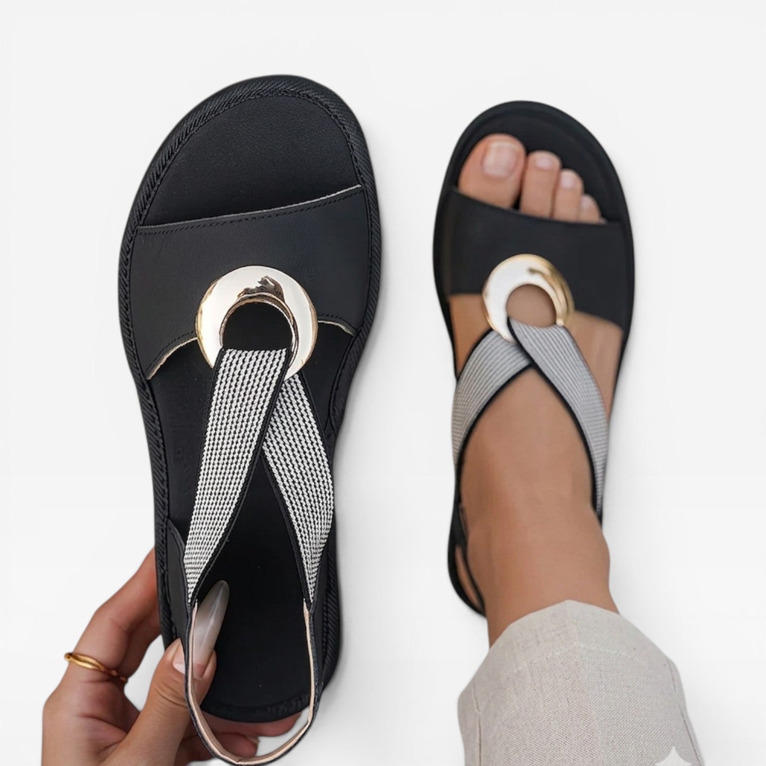 Toe Loop Flat Sandals, Gold Ring Slingback Comfort Sole