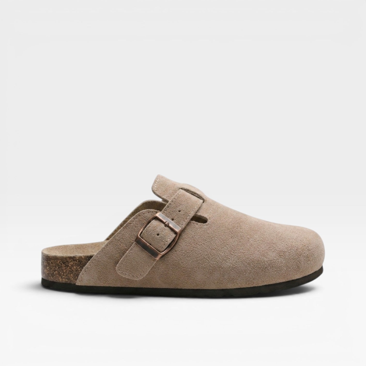 Suede Cork Clogs, Closed Toe Slip On Buckle Strap Mules