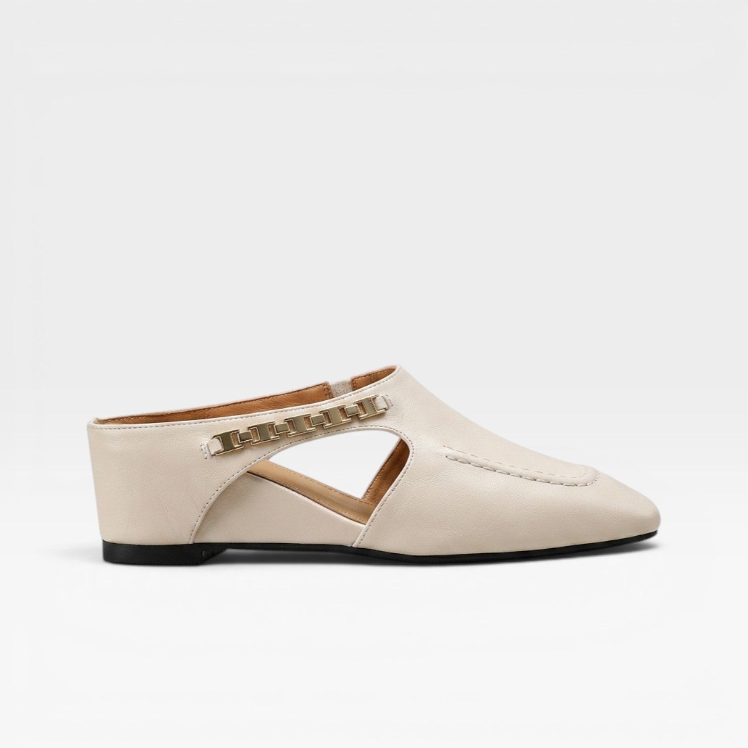 Square Toe Leather Mules, Gold Chain Low Heel Slip On