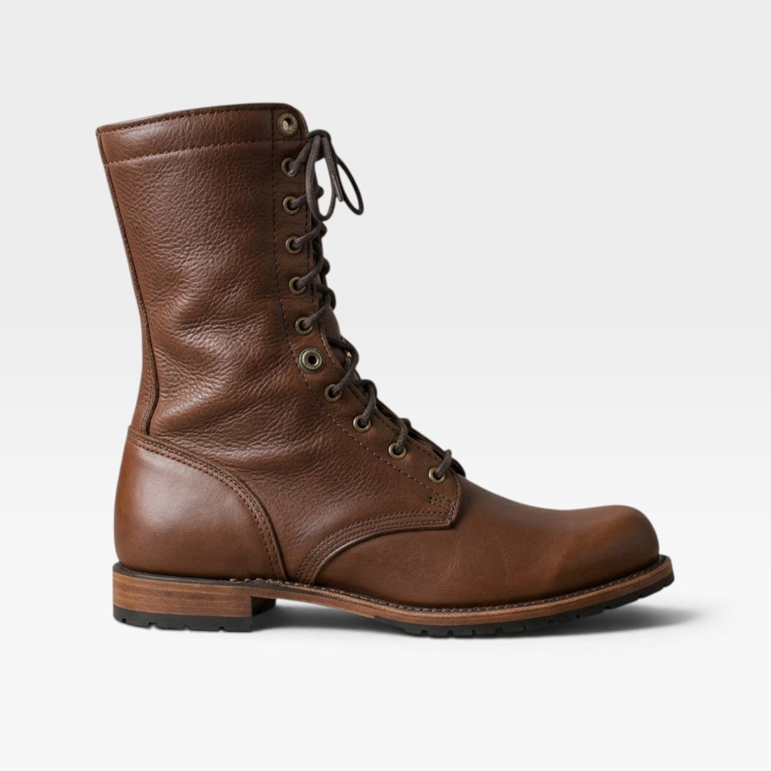 Leather Look Lace-Up Combat Boots, Low Block Rubber Sole
