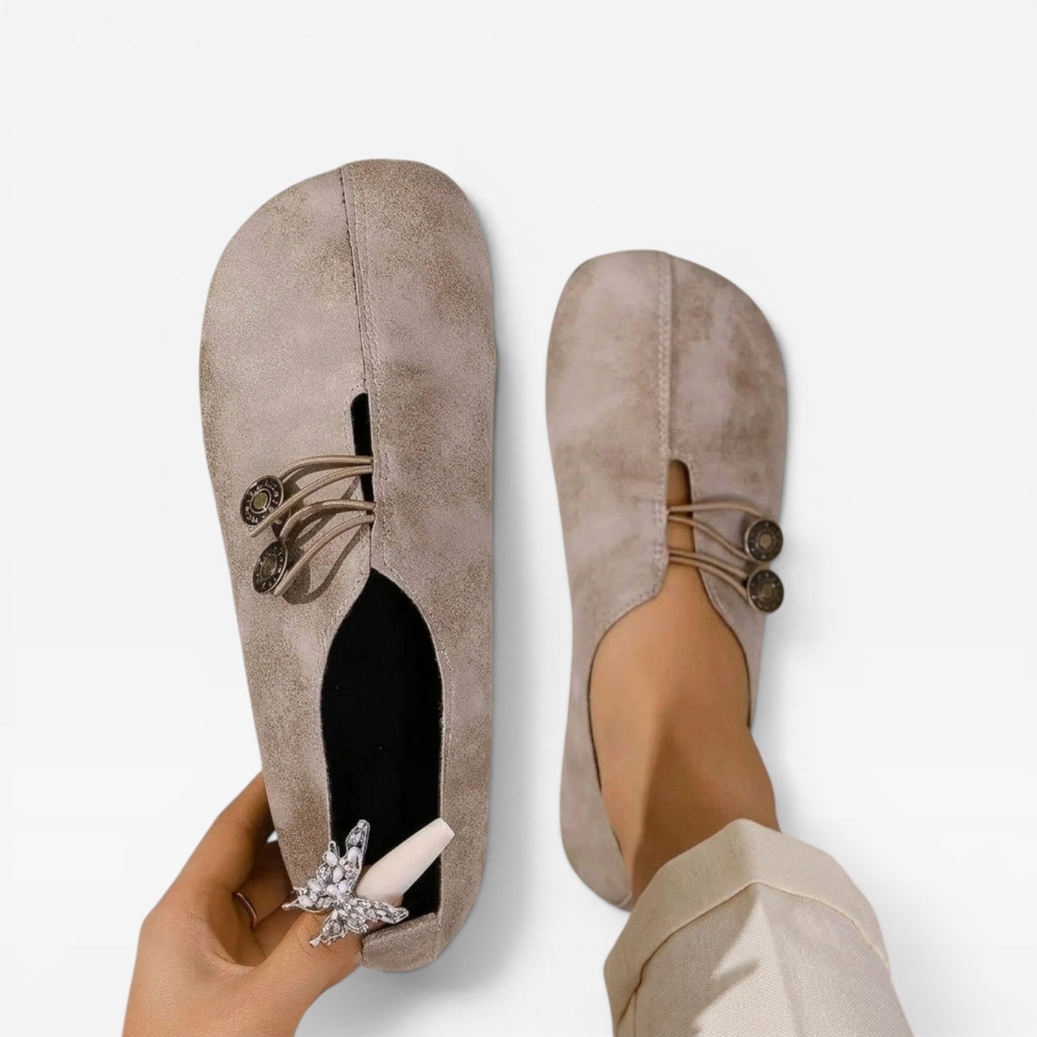 Vintage Button Loafers, Soft Round Toe Slip On Flats