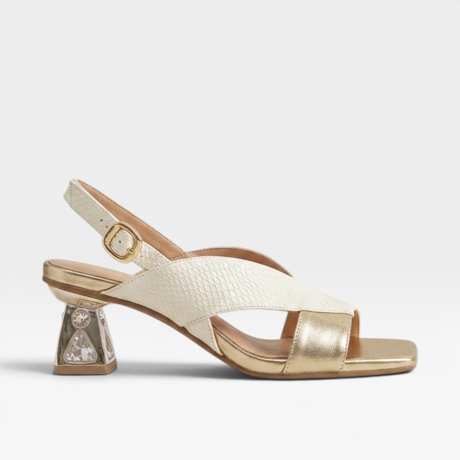 Sculpted Crystal Heel Leather Sandals, Slingback Pumps