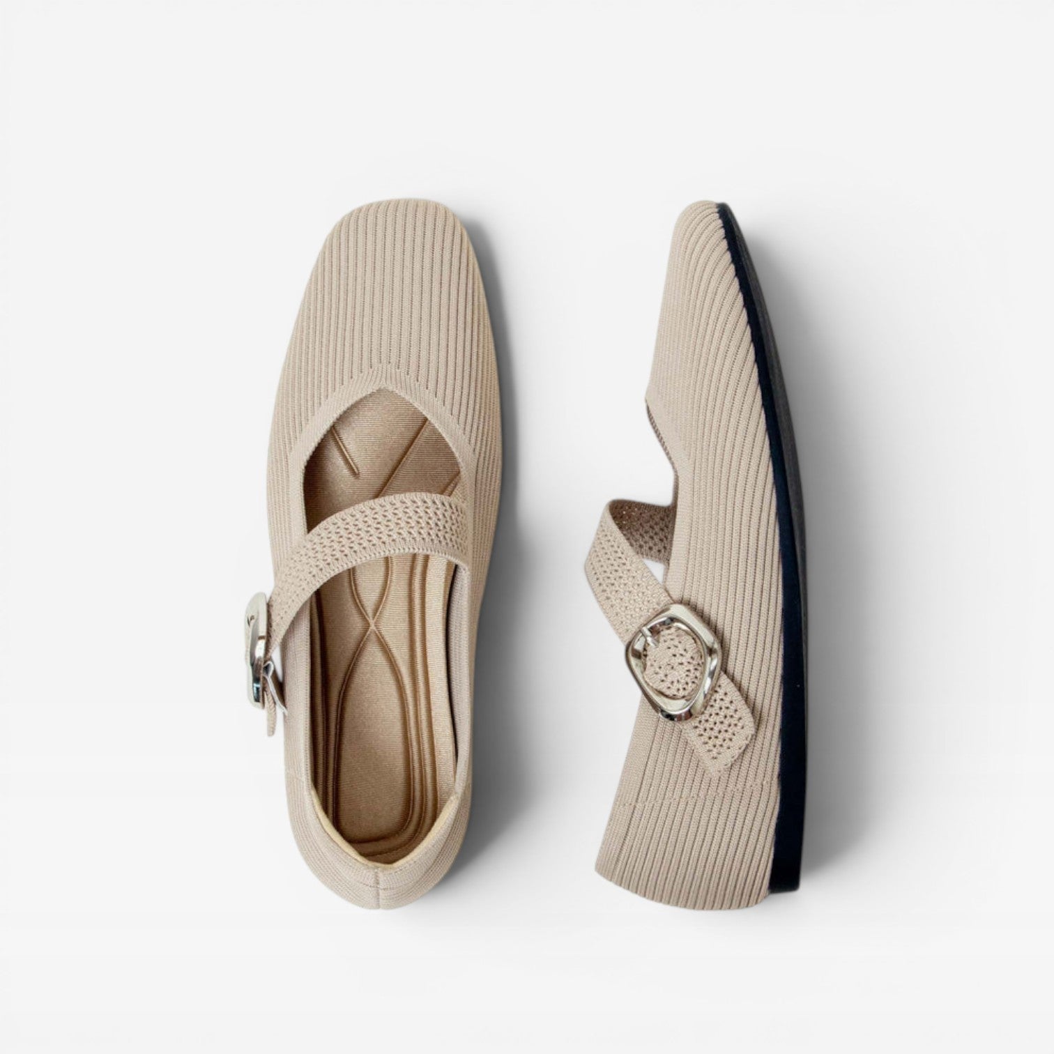 Knit Mary Jane Flats, Square Toe Buckle Strap Shoes