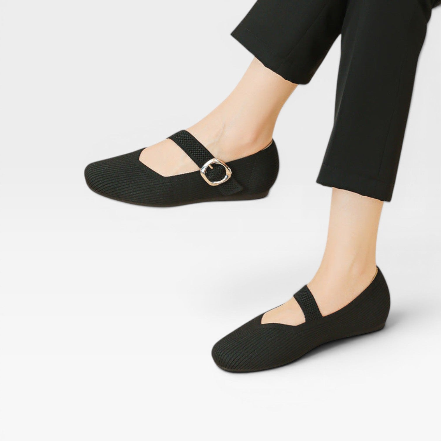 Knit Mary Jane Flats, Square Toe Buckle Strap Shoes