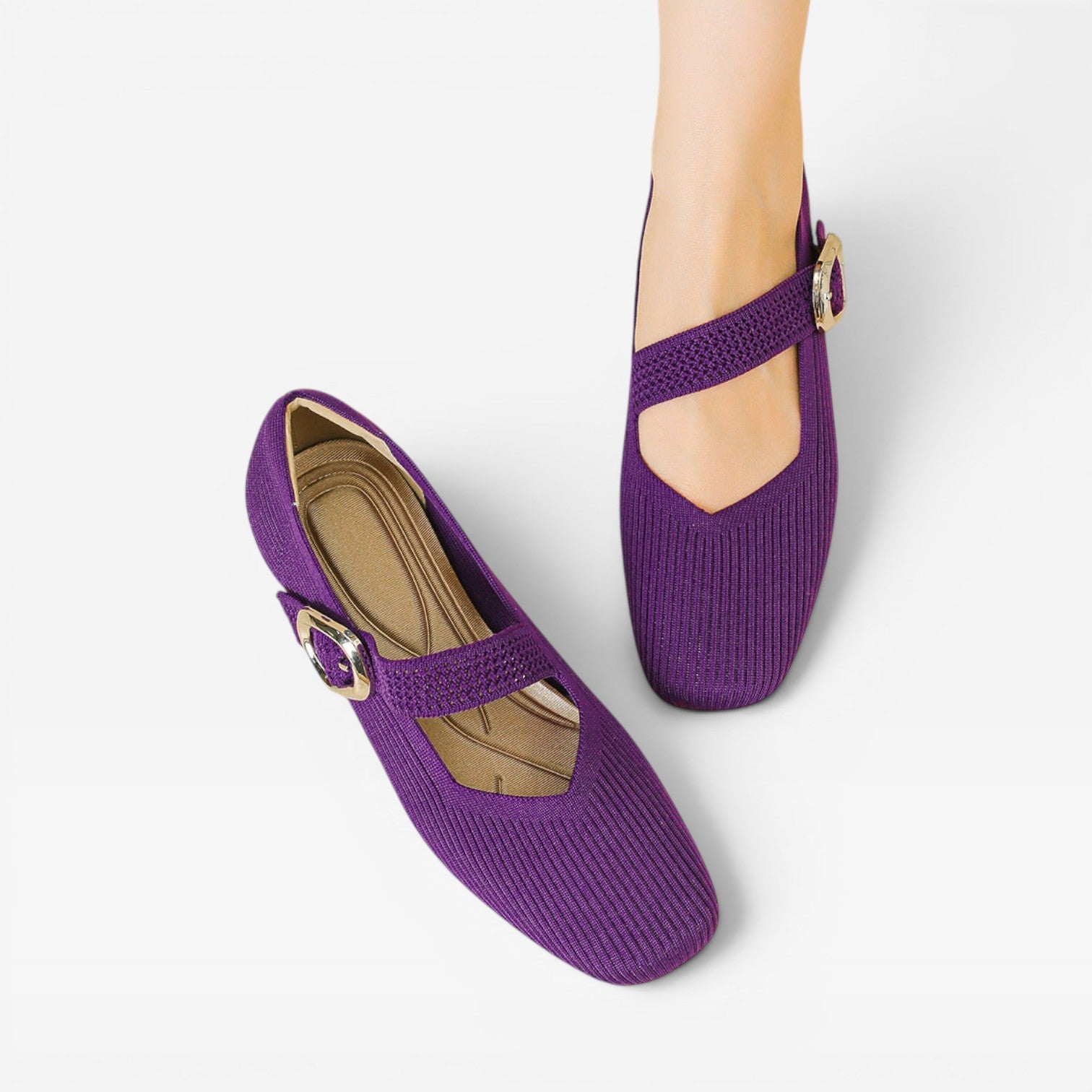 Knit Mary Jane Flats, Square Toe Buckle Strap Shoes