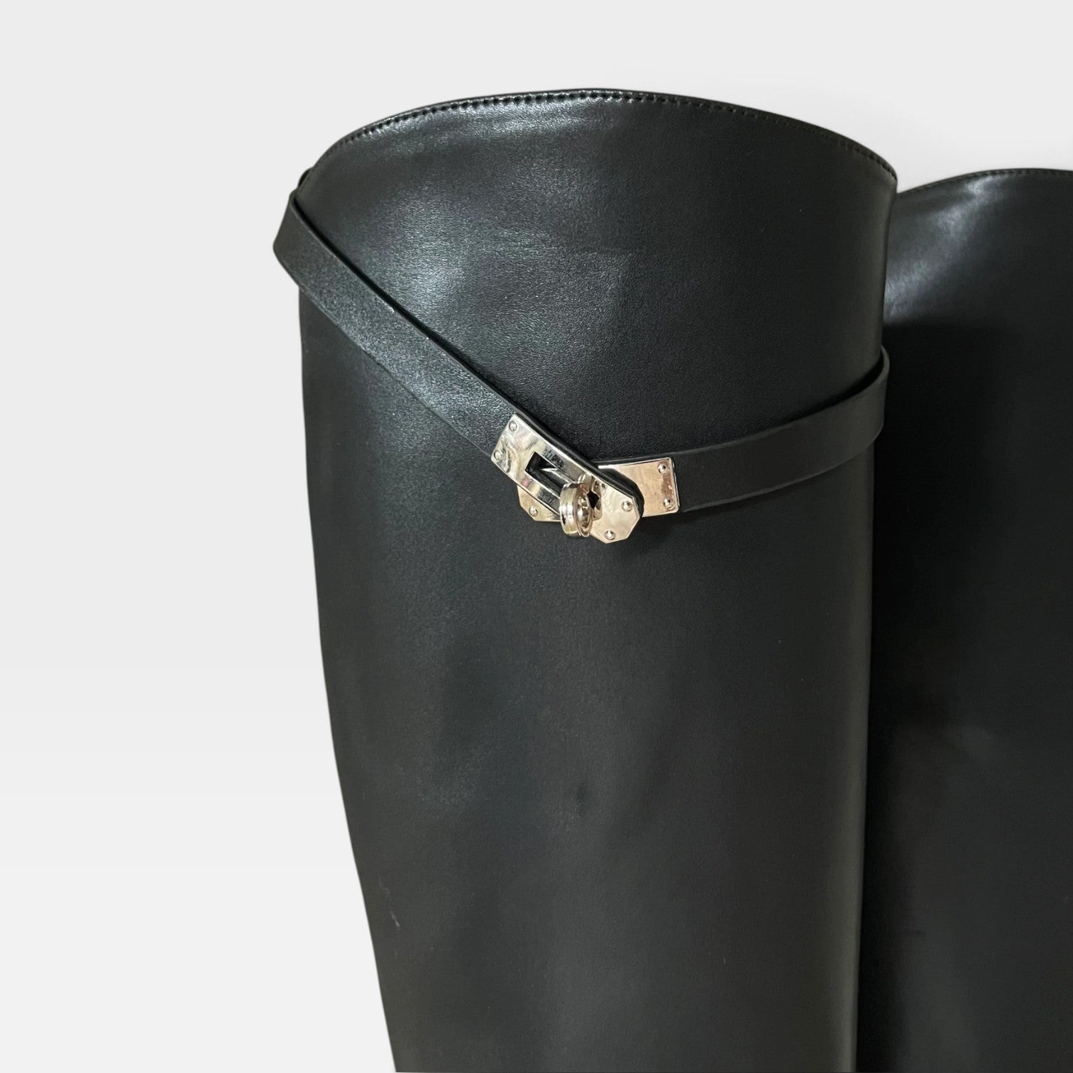 Leather Knee High Boots, Sculptural Buckle Block Heel