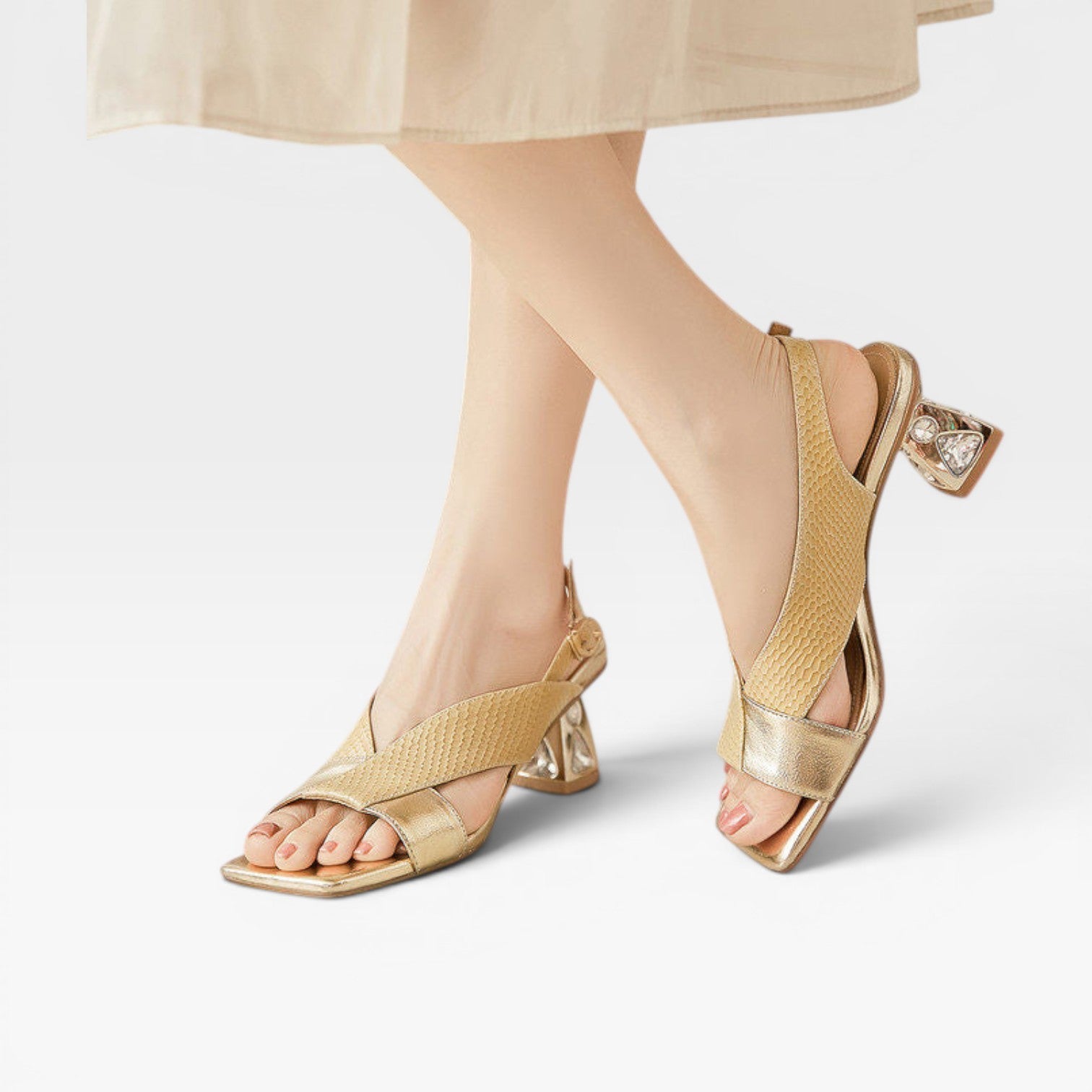 Sculpted Crystal Heel Leather Sandals, Slingback Pumps